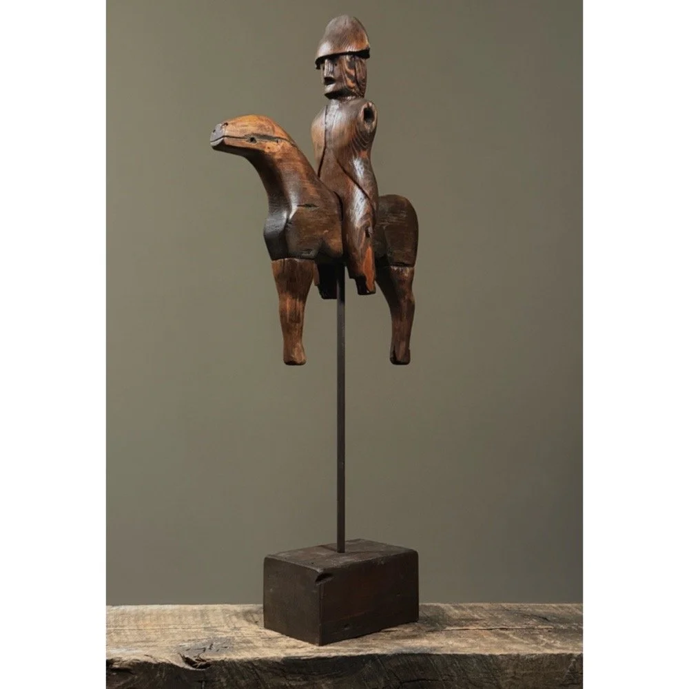 Vintage Folk Art Primitive Hand Carved Soldier with Horse Sculpture, Signed