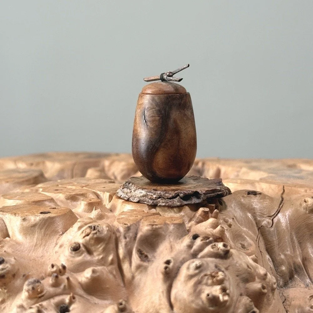 Vintage hand turned walnut miniature lidded vessel on live edge stand. White background.