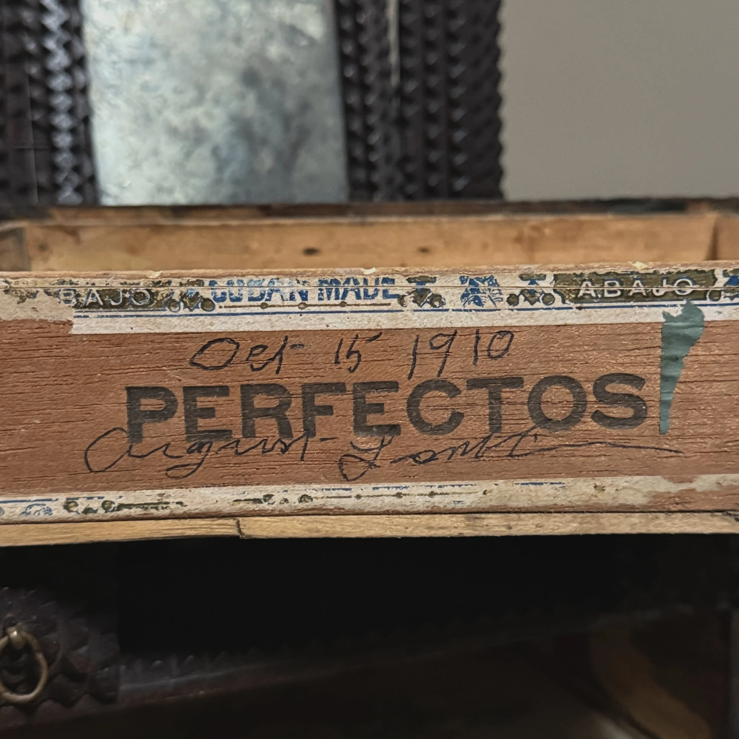 Signed and dated 1910 tramp art dresser back detail