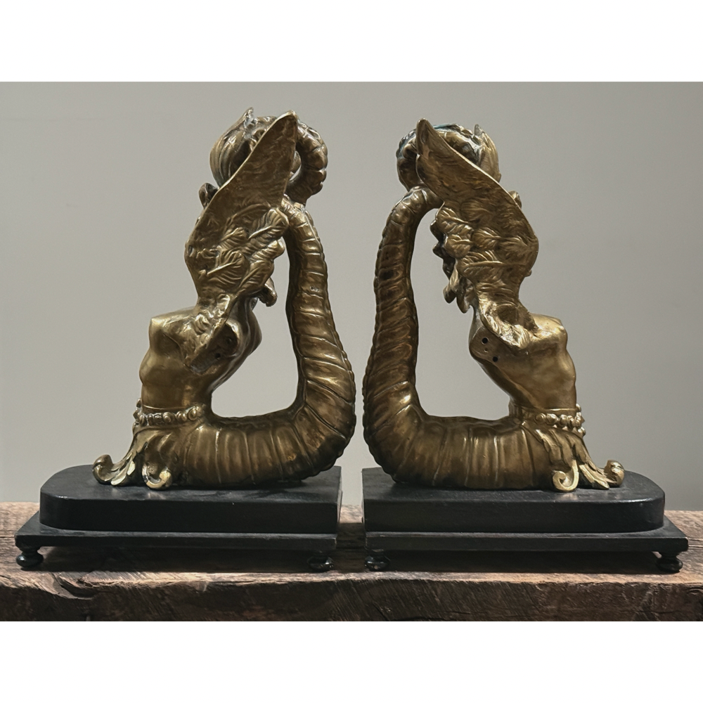 Pair of antique 19th century brass Melusine sculptures, French Neoclassical