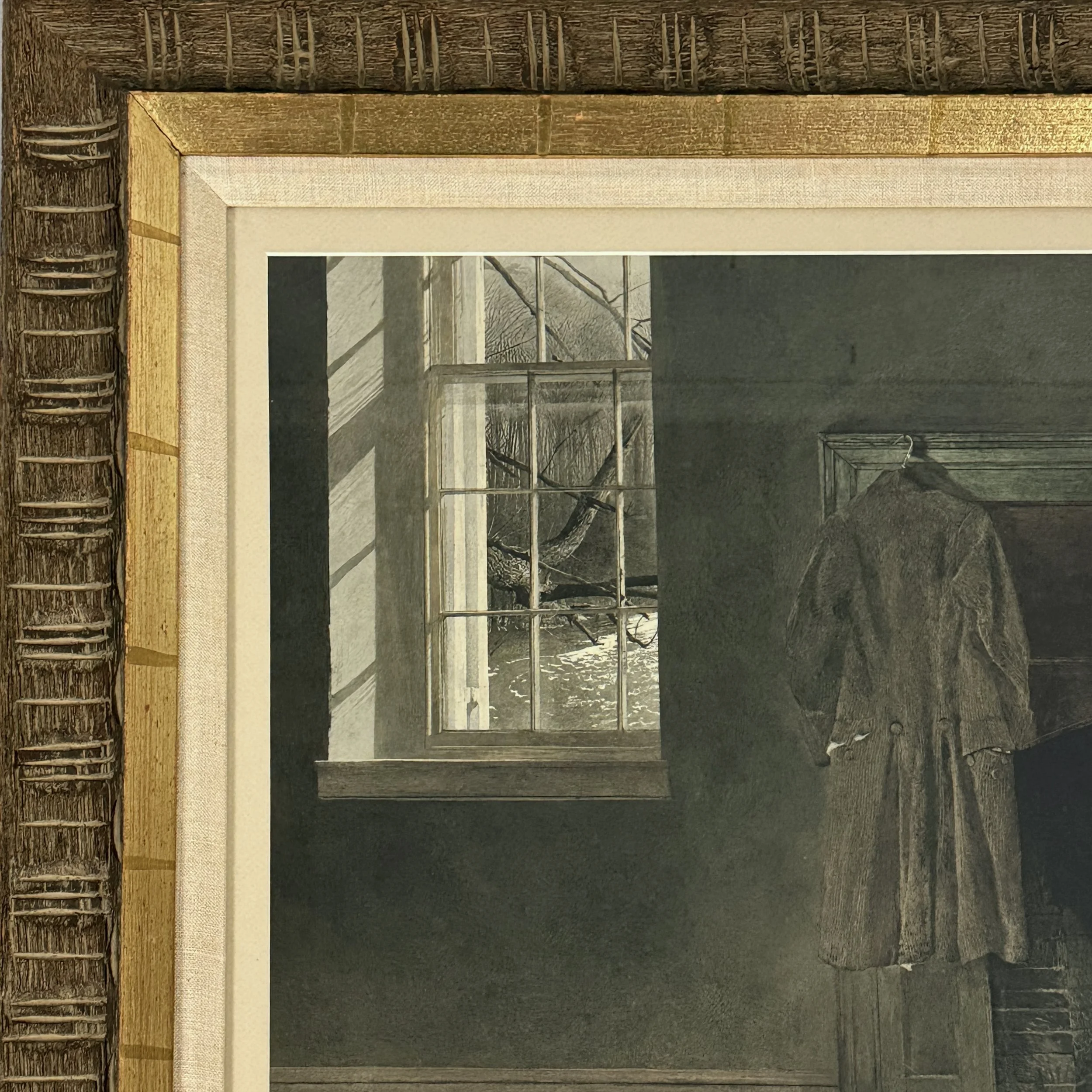 Detail of the print's corner, showing its interface with the mat and frame.