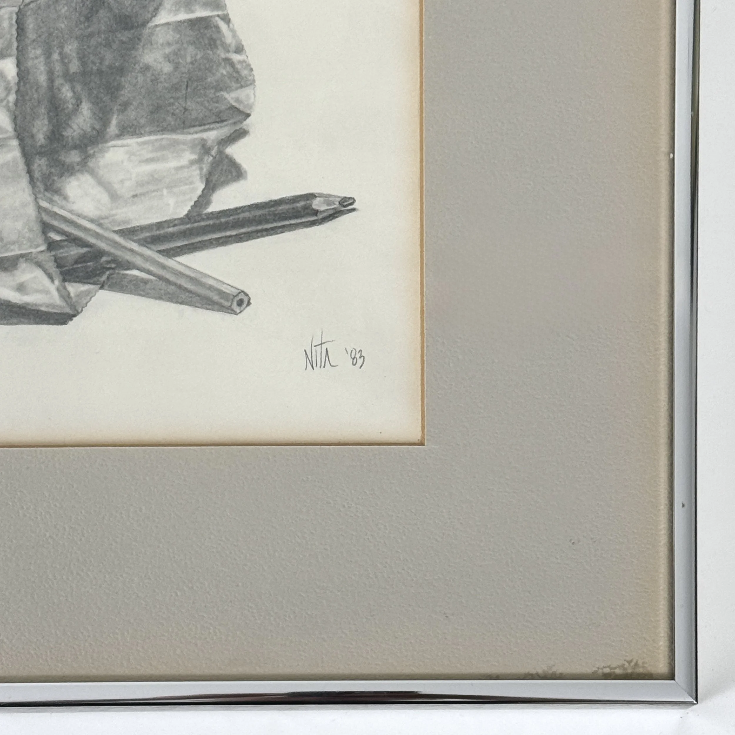 Vintage Hyperrealist drawing of a paper bag and pencils, signed