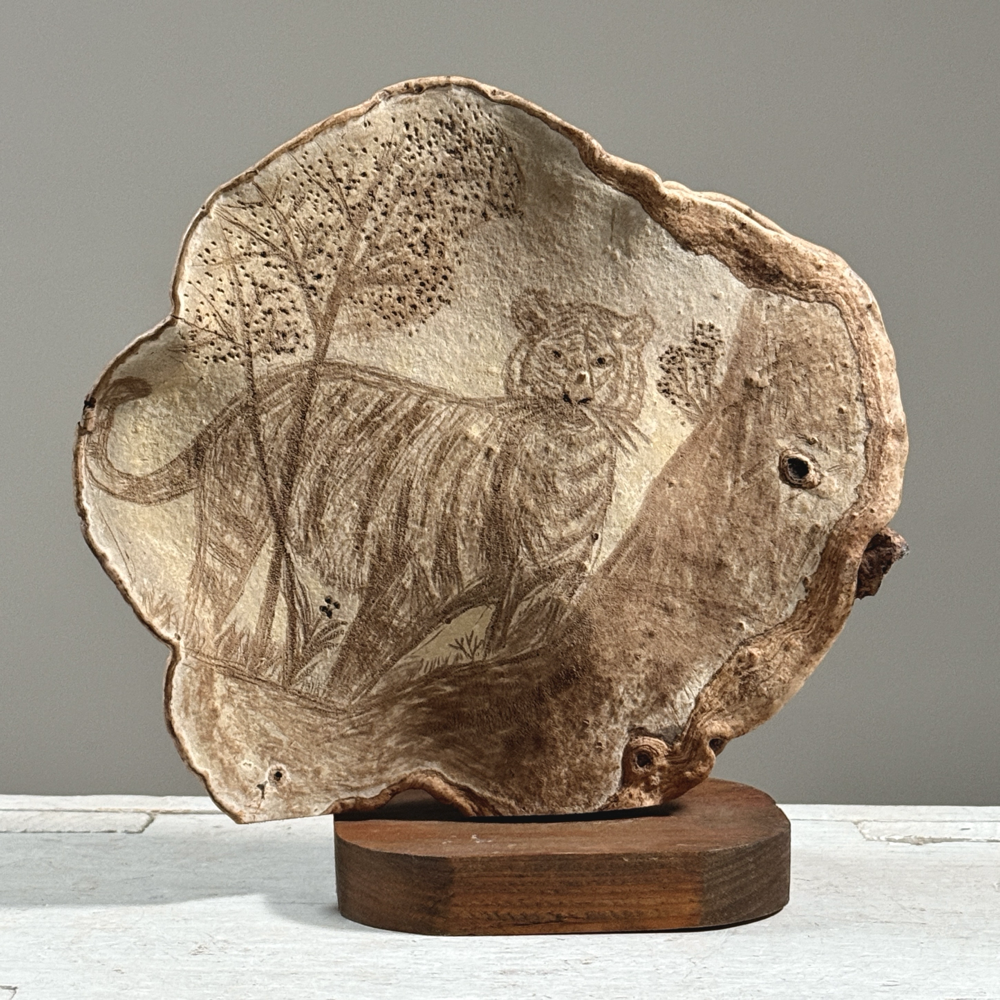 Antique Folk Art Carved Tiger on a Shelf Mushroom with Custom Stand