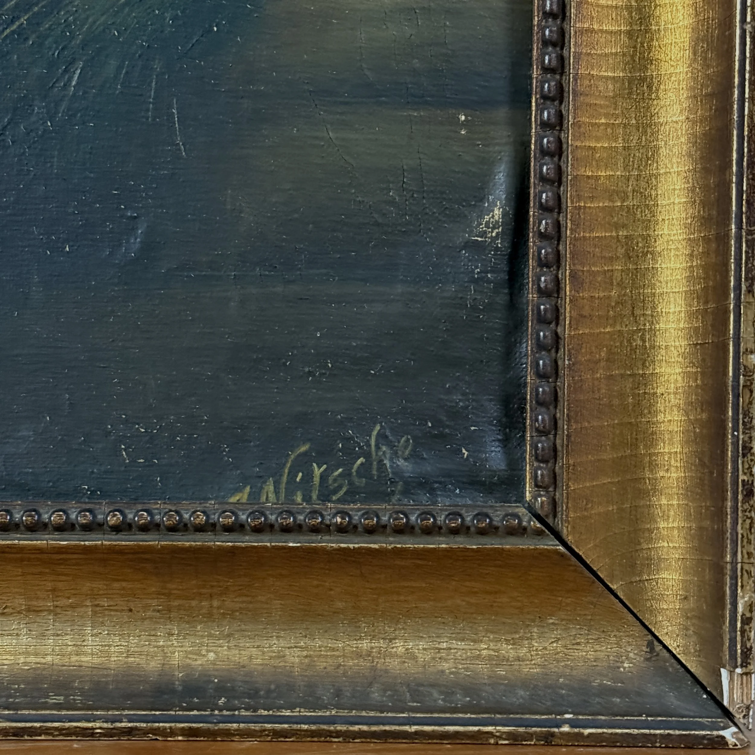 Oil on board antique realist portrait of a black horse, signed Nitsche lower right