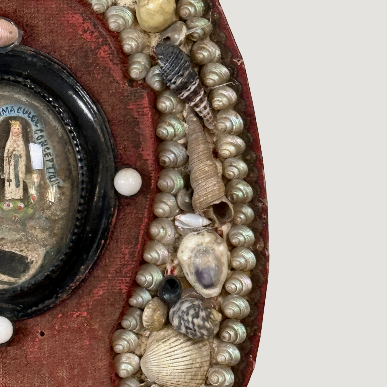 Vintage French folk art devotional wall plaque, Saint Bernadette diorama, shell decoration