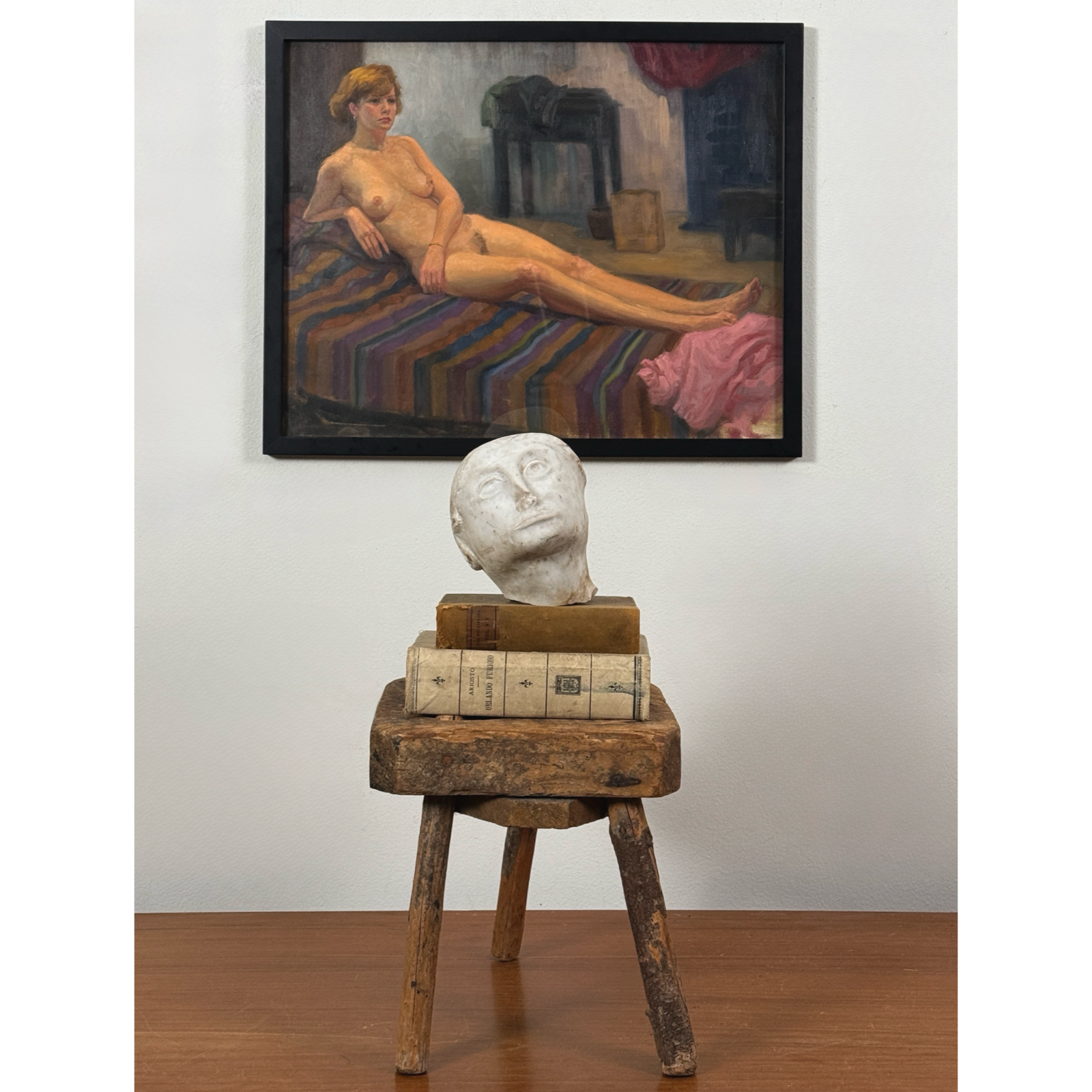 Vintage realist oil study of reclining nude woman. 21 by 17 inches framed.