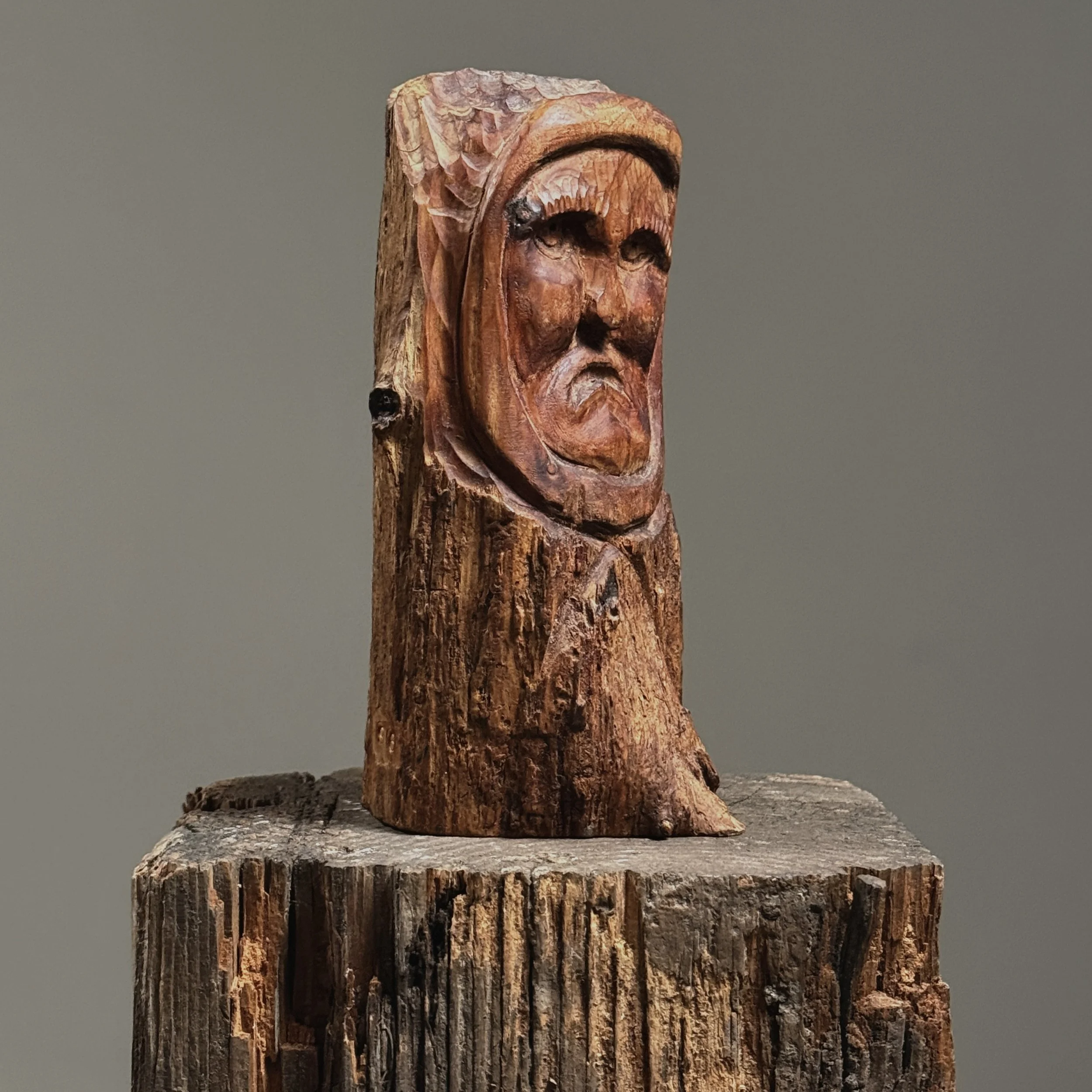 Vintage hand-carved folk art portrait in tree branch, signed with initials