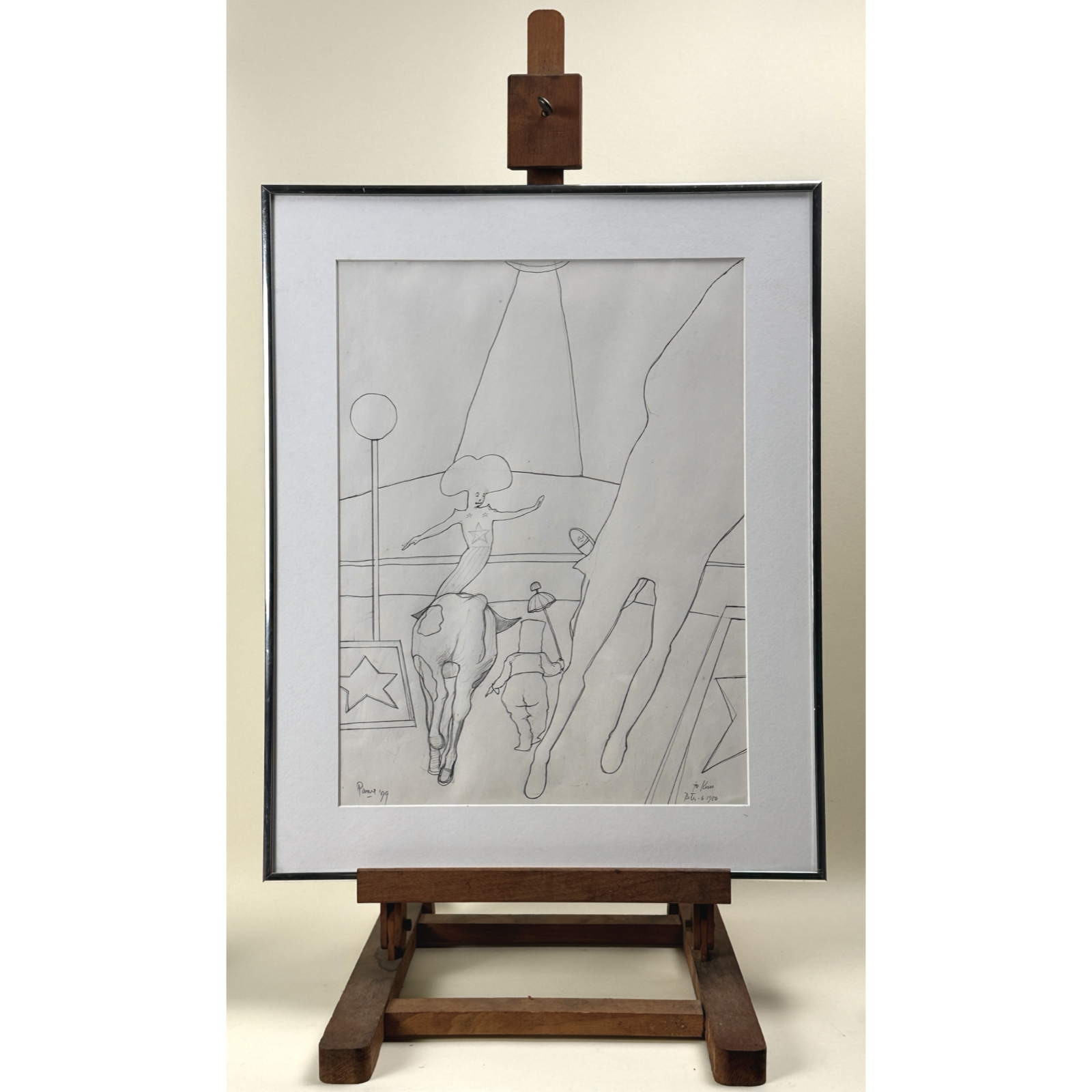 Peter Paone surrealist circus ink sketch. 1979. Signed. 20.25 by 16.25 inches framed.