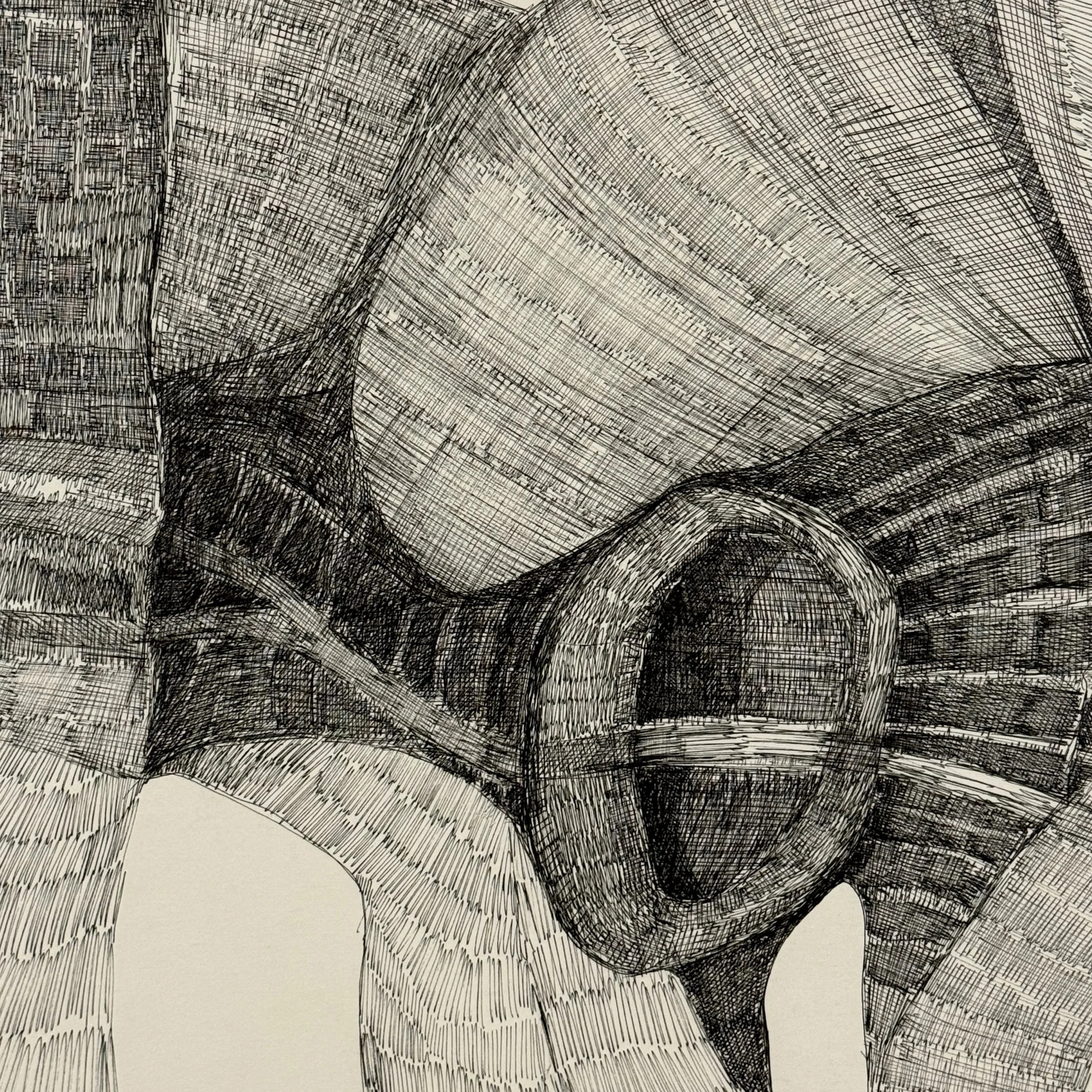 Detail view highlighting the precise pen strokes and cross-hatching in Berge's untitled biomorphic work