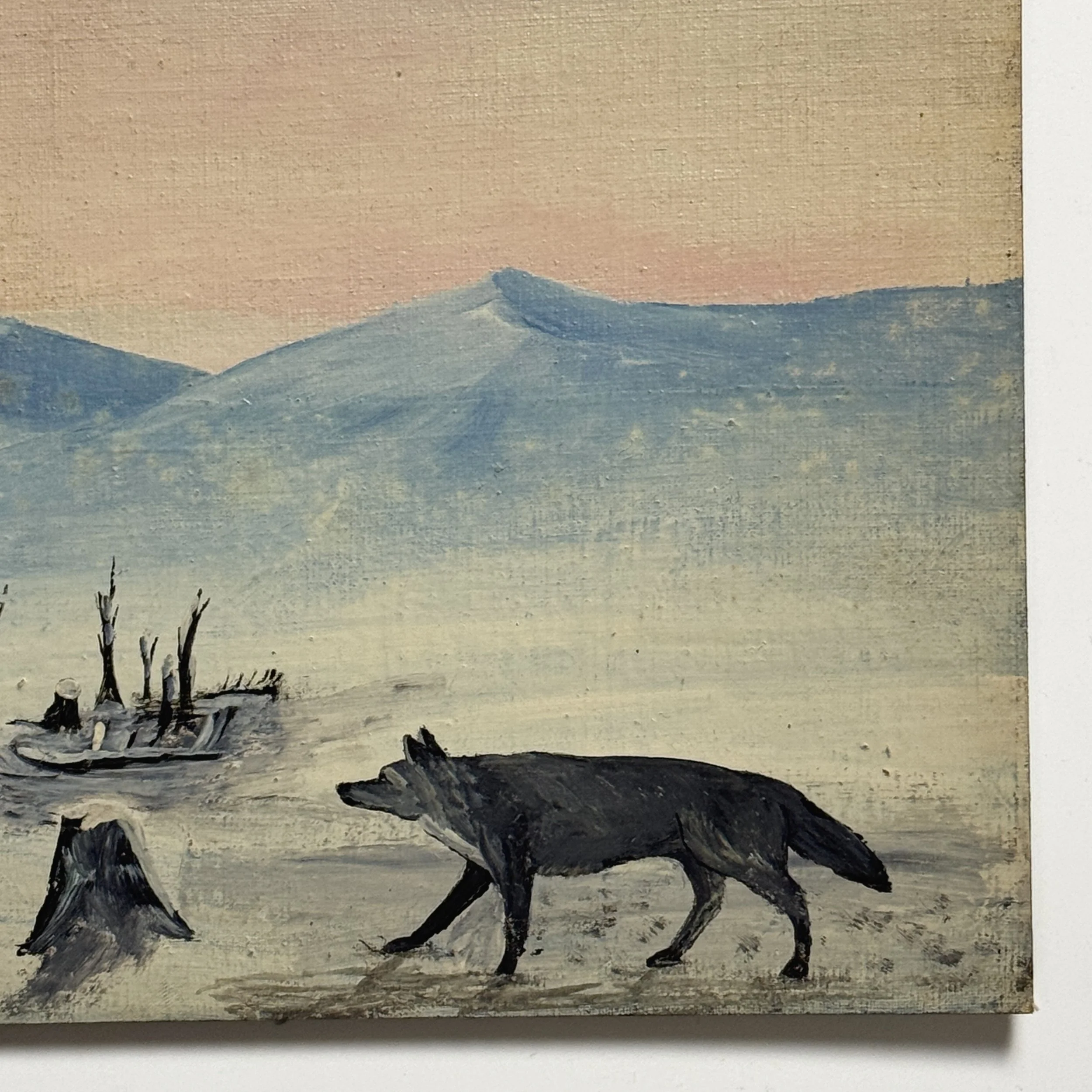 Antique 19th century folk art winter landscape with wolf, oil on board