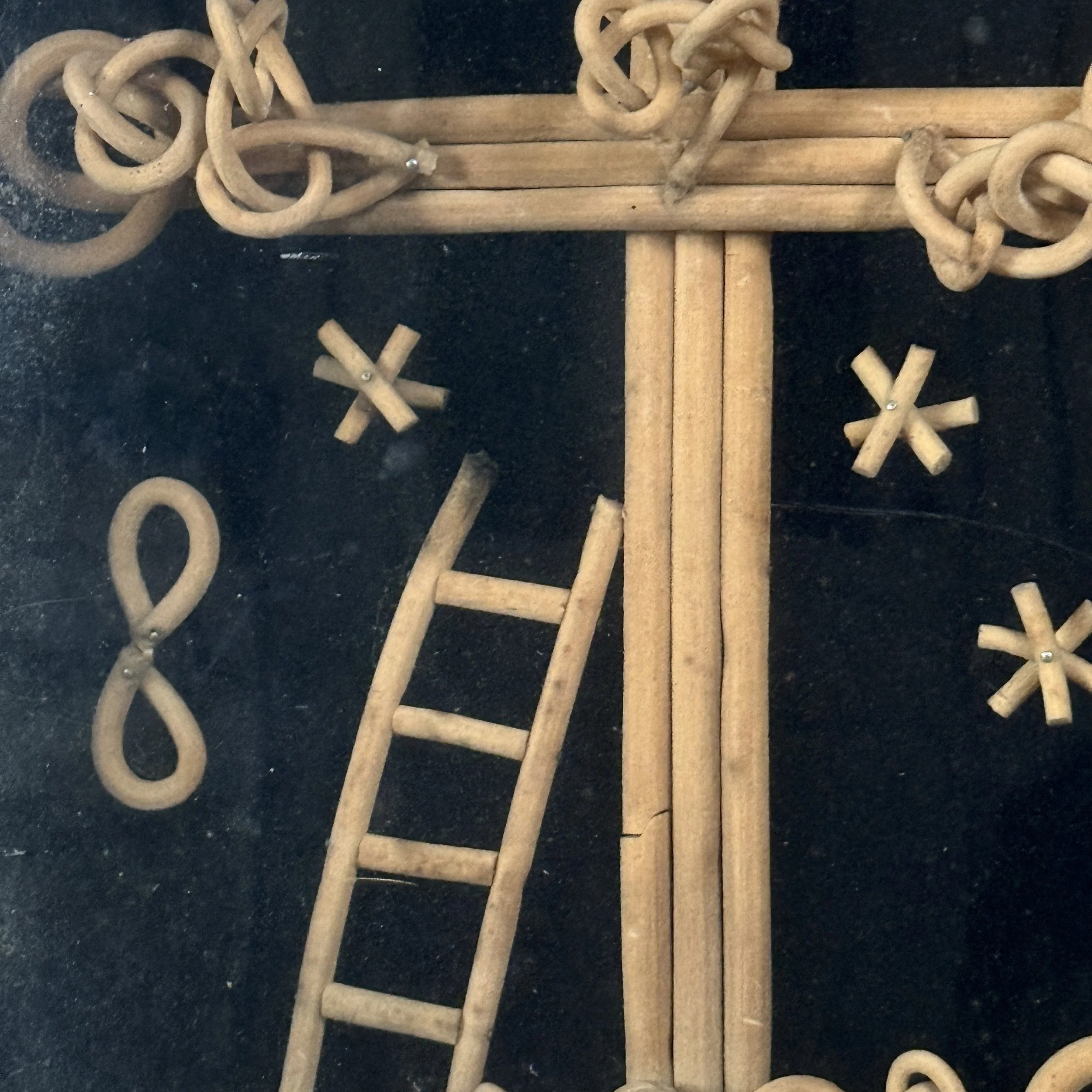 Antique folk art bentwood crucifix diorama shadowbox, framed