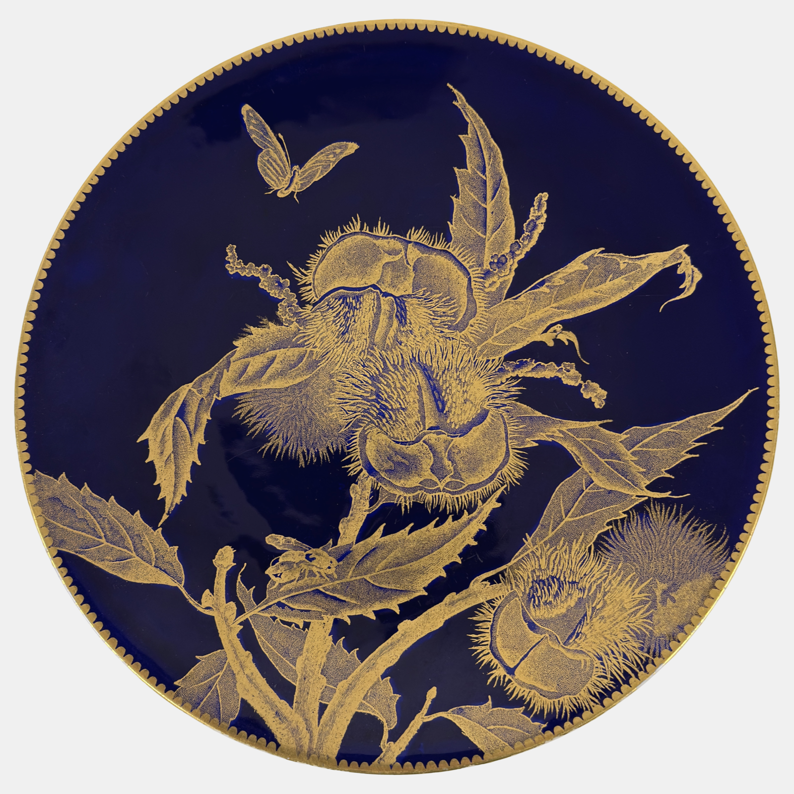 Pair of Brownfield English porcelain Aesthetic period plates, cobalt and gold, chestnut and peach motifs
