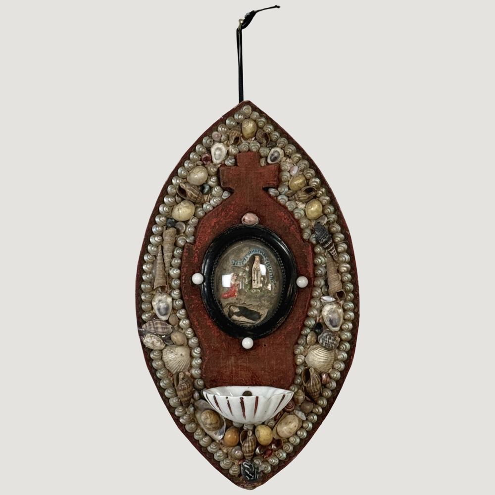 Vintage French folk art devotional wall plaque, Saint Bernadette diorama, shell decoration