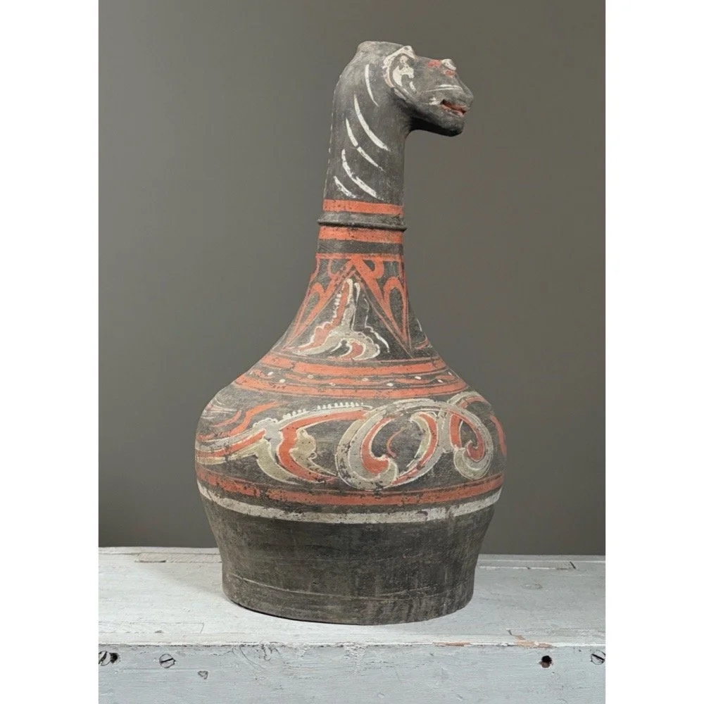Dark grey hand painted ceramic zun with animal form