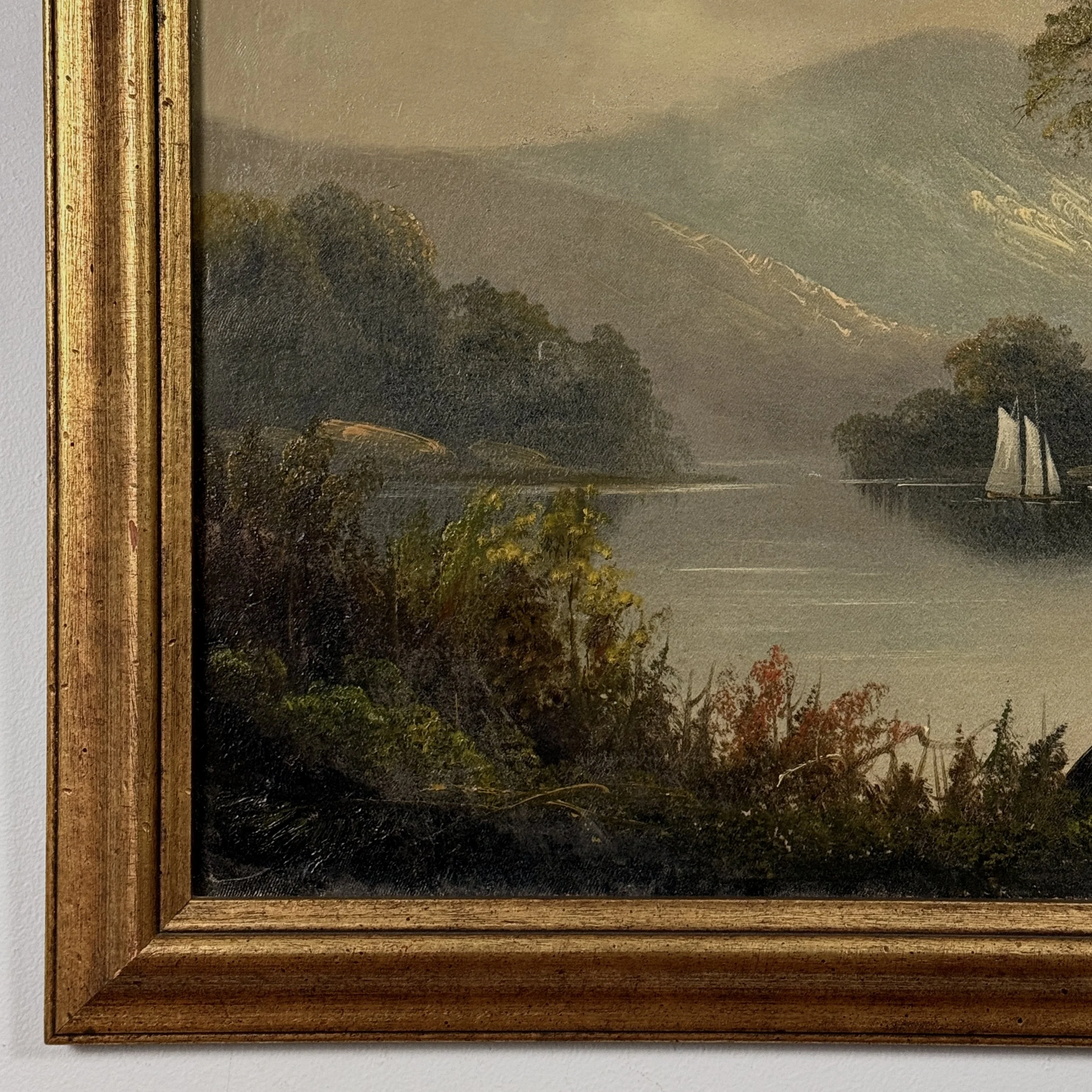 Detail of antique Hudson River School style landscape painting