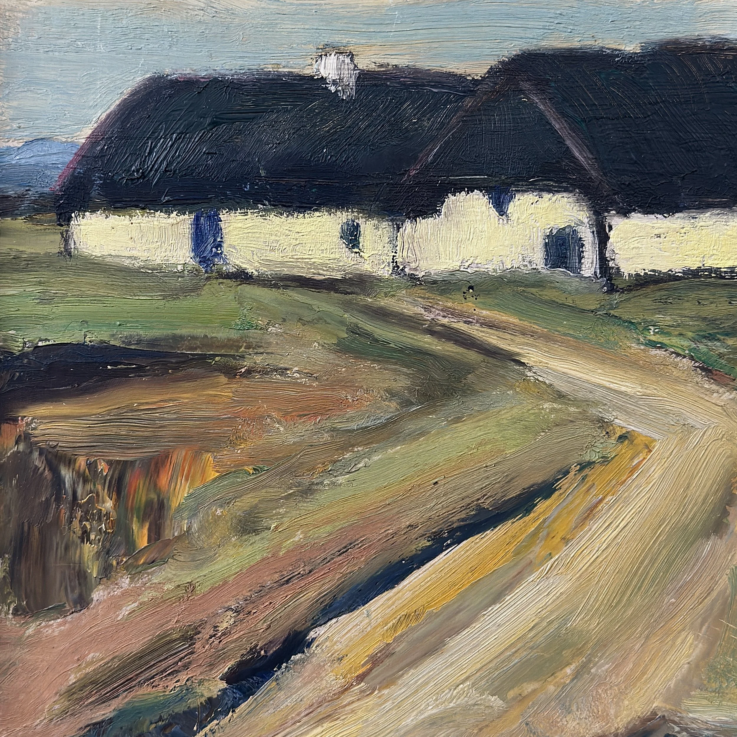 Thatched cottages (stråtækte huse), Danish rural landscape, modernist painting
