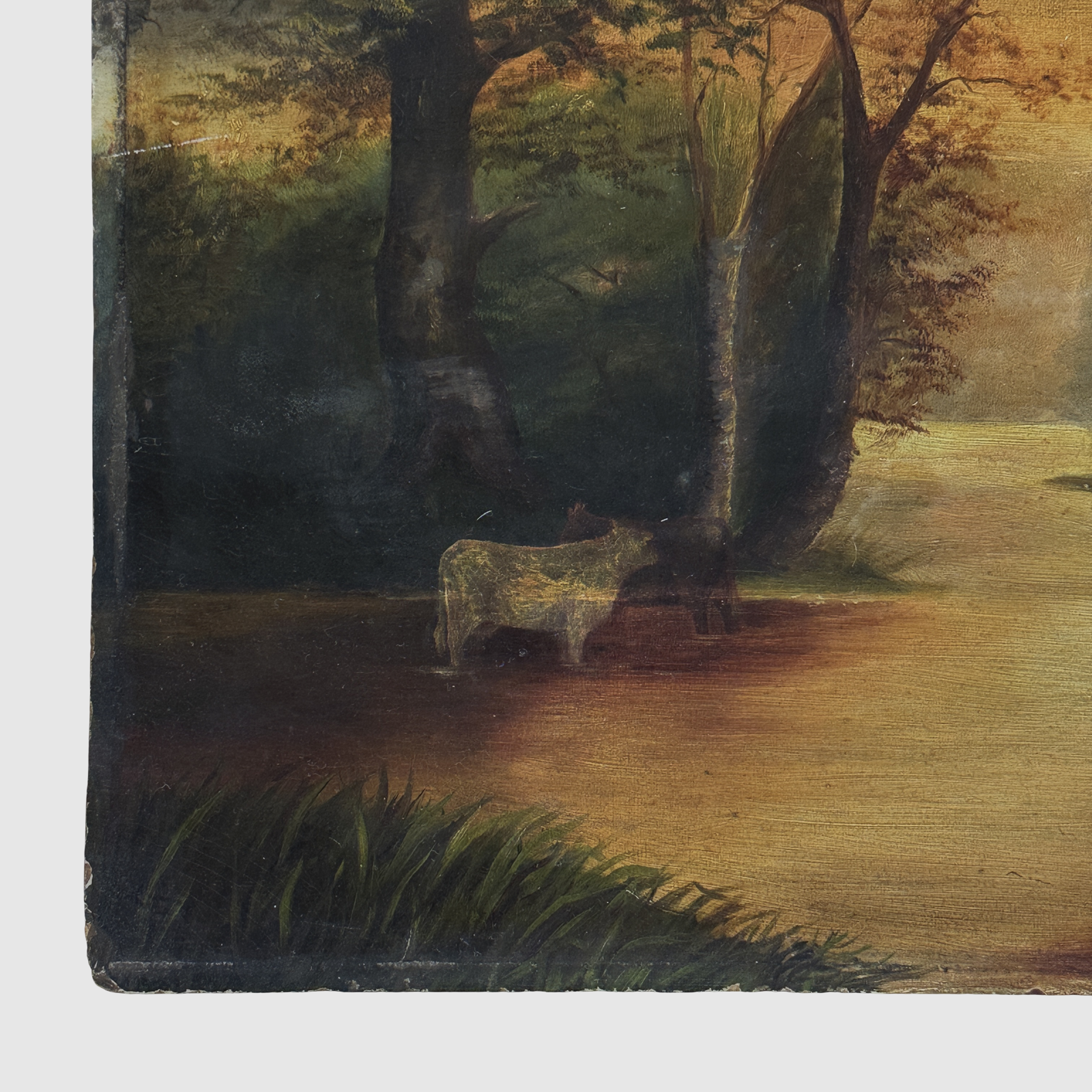 Antique Tonalist study of a river at sunset with phantom cow, oil on board