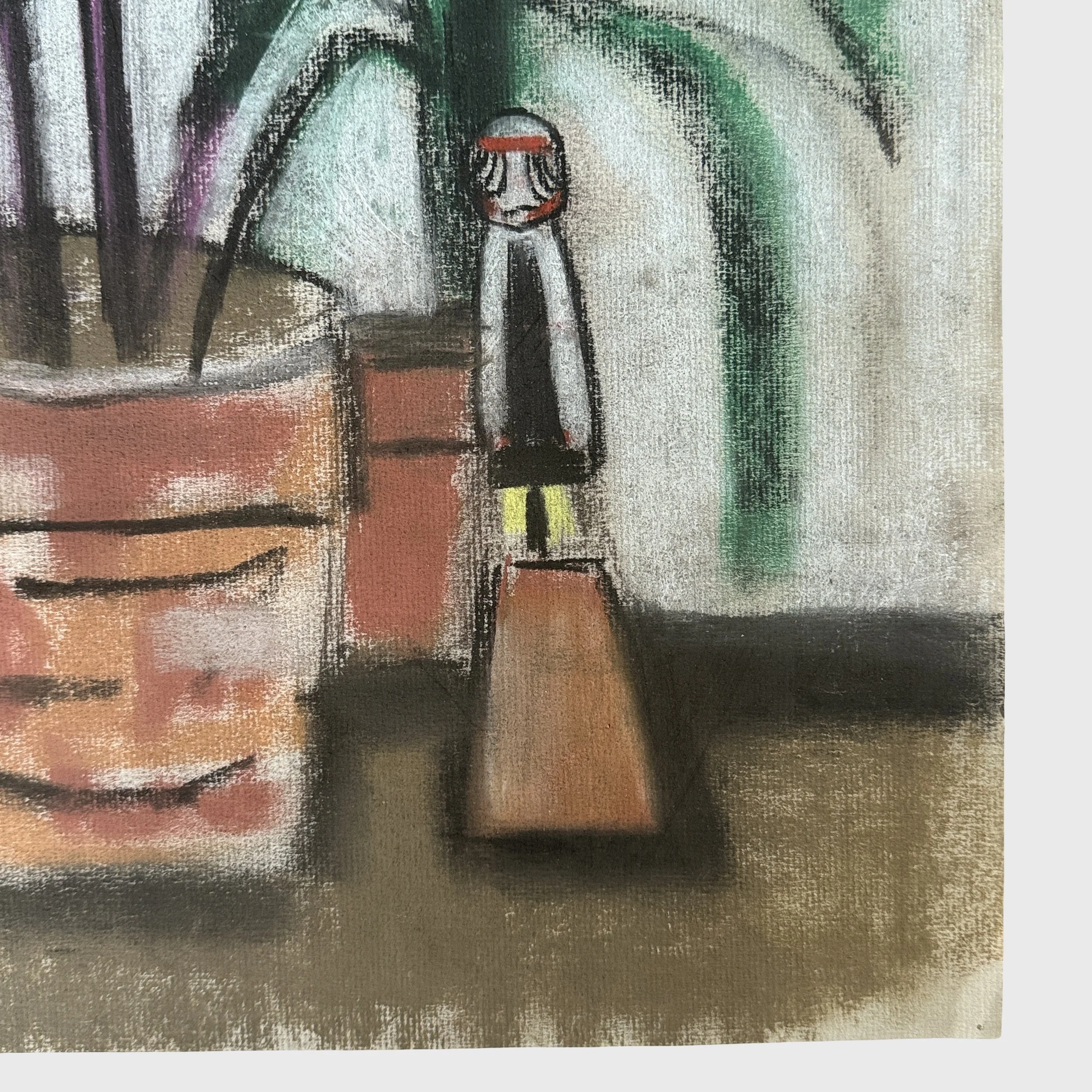 Japanese figurines depicted beside potted plants in modernist pastel