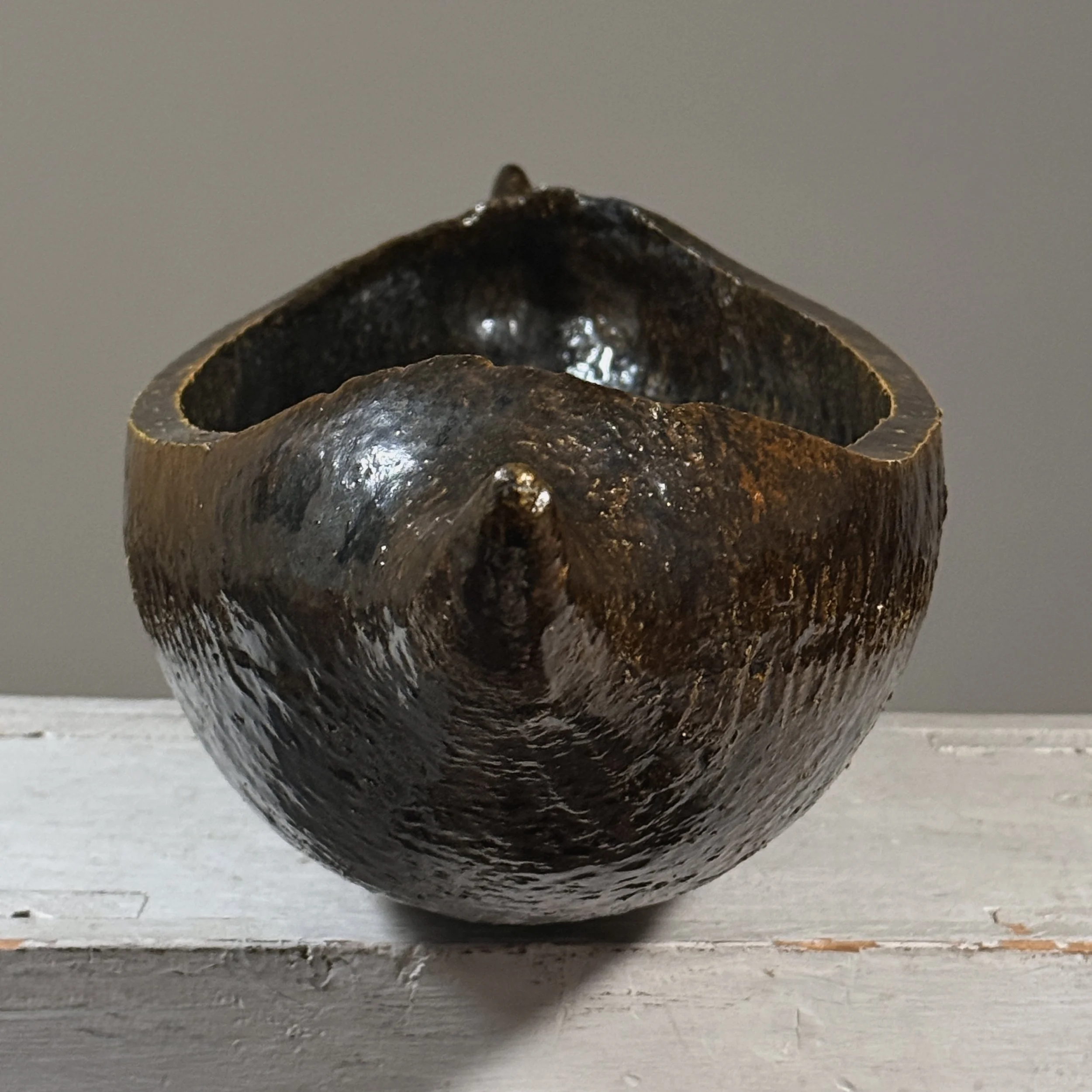 Large vintage Japanese Brutalist abstract wood fired stoneware vessel, signed