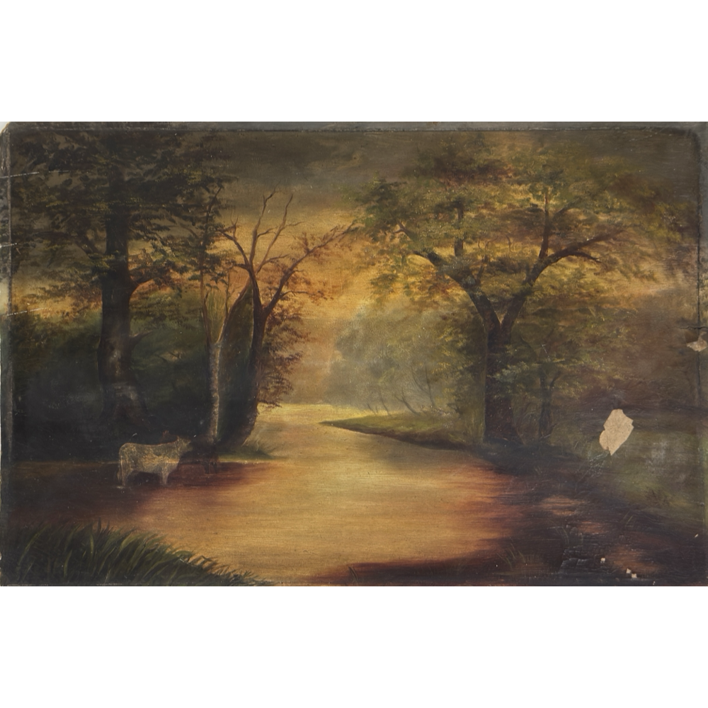 Antique Tonalist study of a river at sunset with phantom cow, oil on board