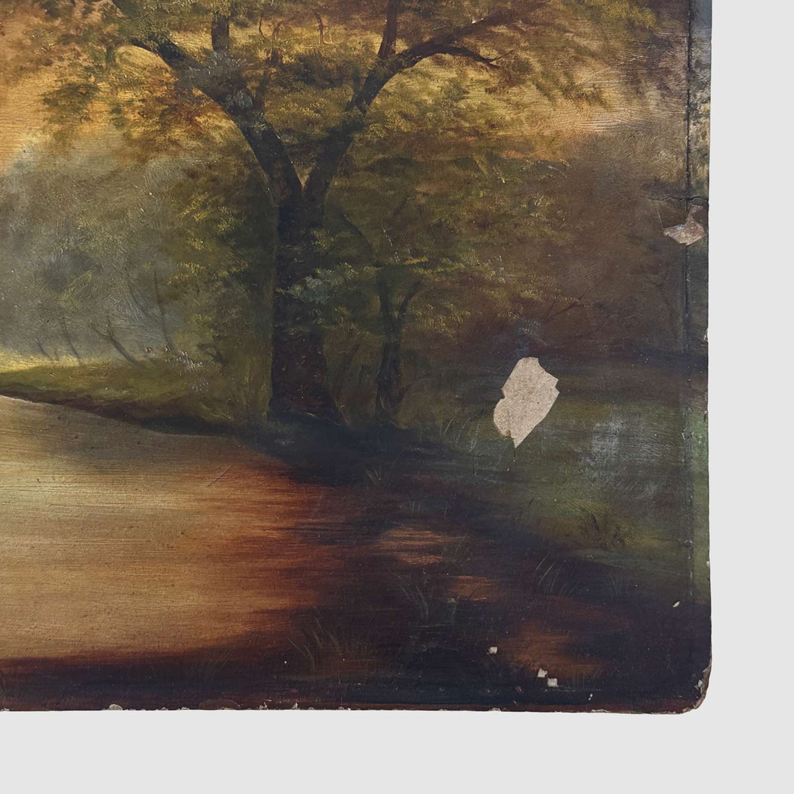 Paint chips detail, bottom right quadrant, Tonalist oil on board