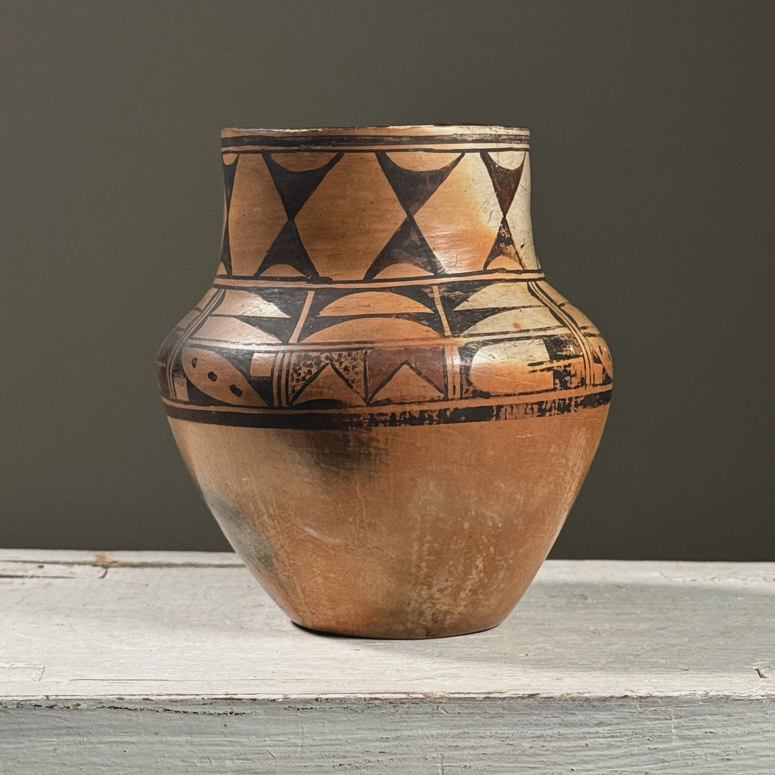 Vintage Hopi polychrome clay vessel with elongated rim, unsigned