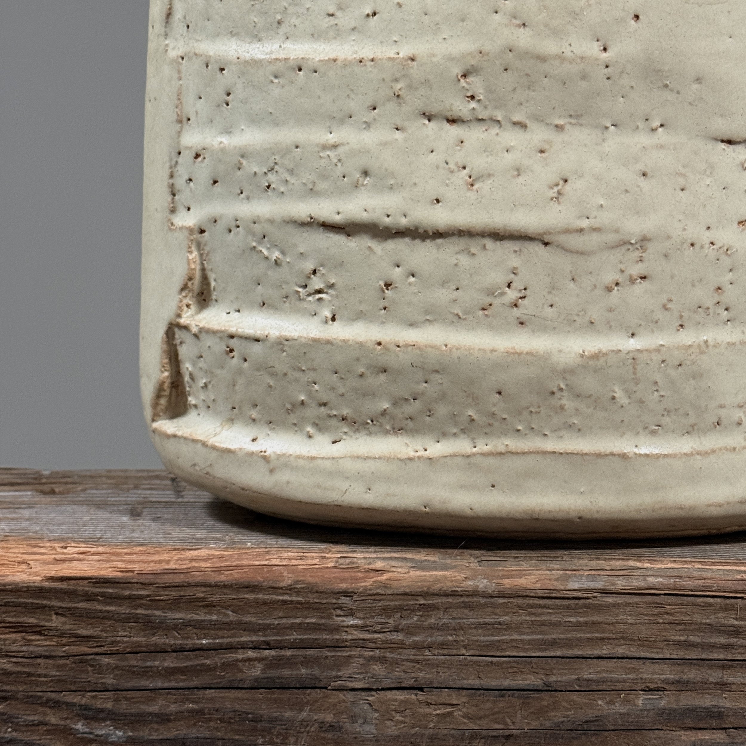 Vintage Modernist Japanese oval Shino glazed stoneware vase, signed