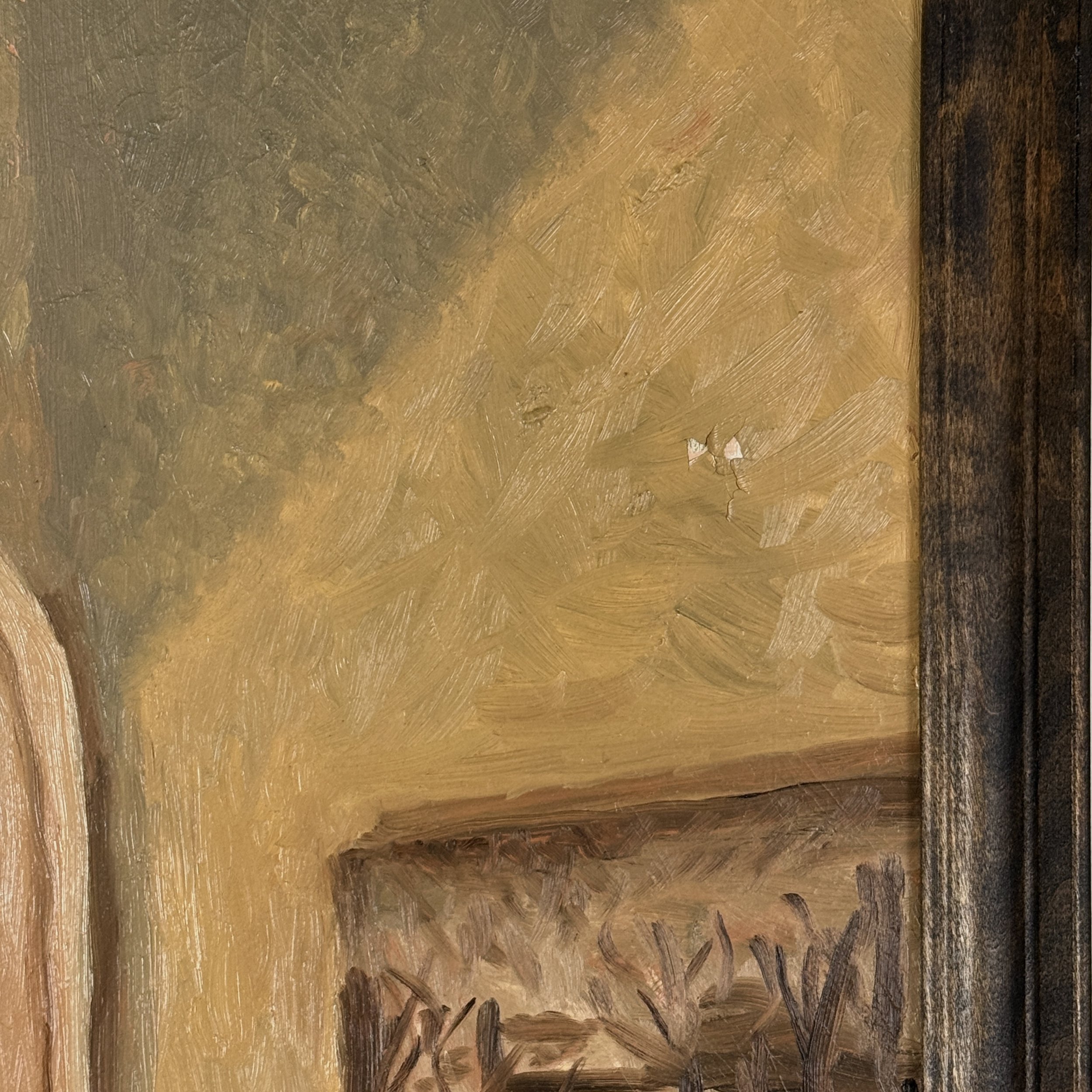 Expressionist interior painting, dimly lit room, lamp and bookshelf, J.D. Sine