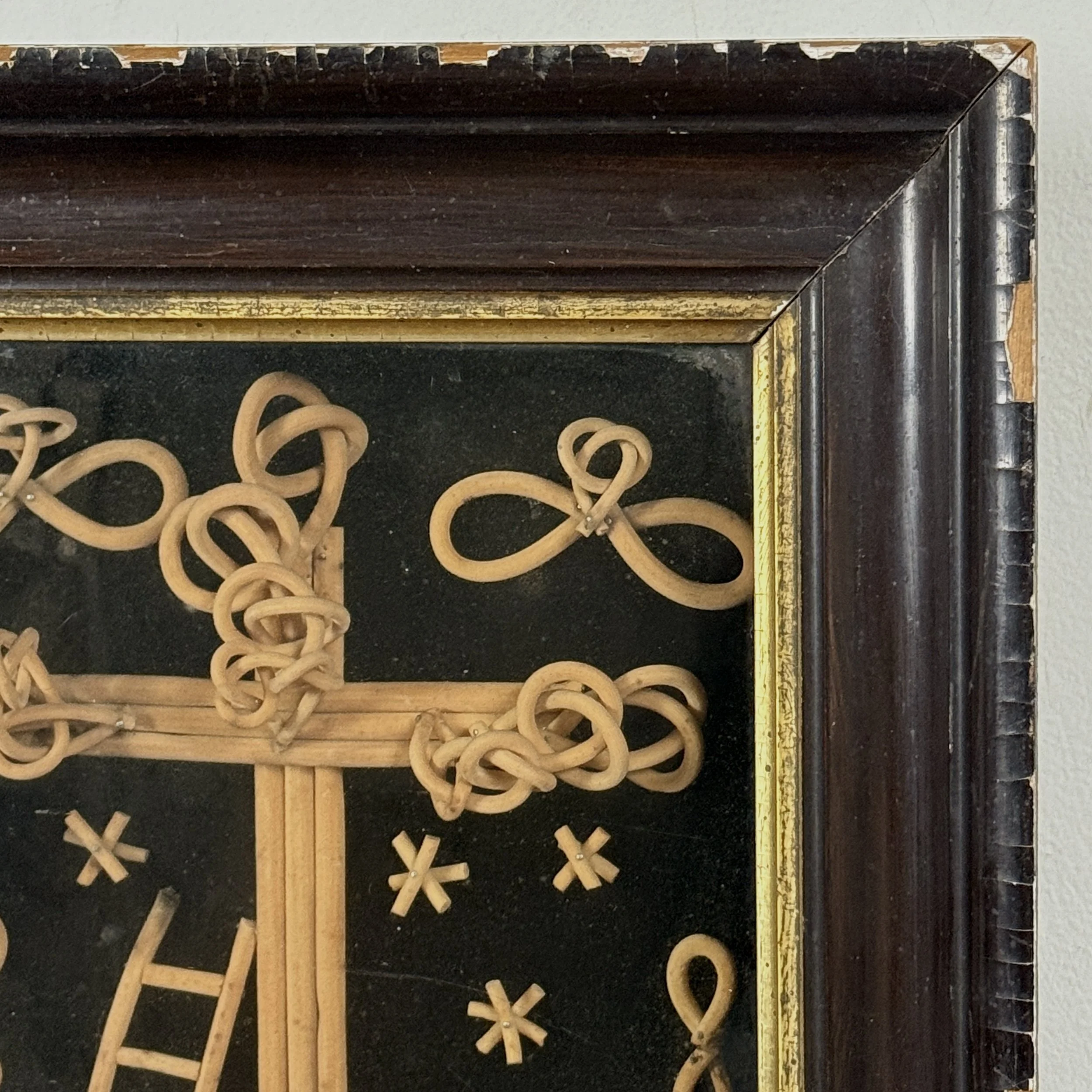 Antique folk art bentwood crucifix diorama shadowbox, framed