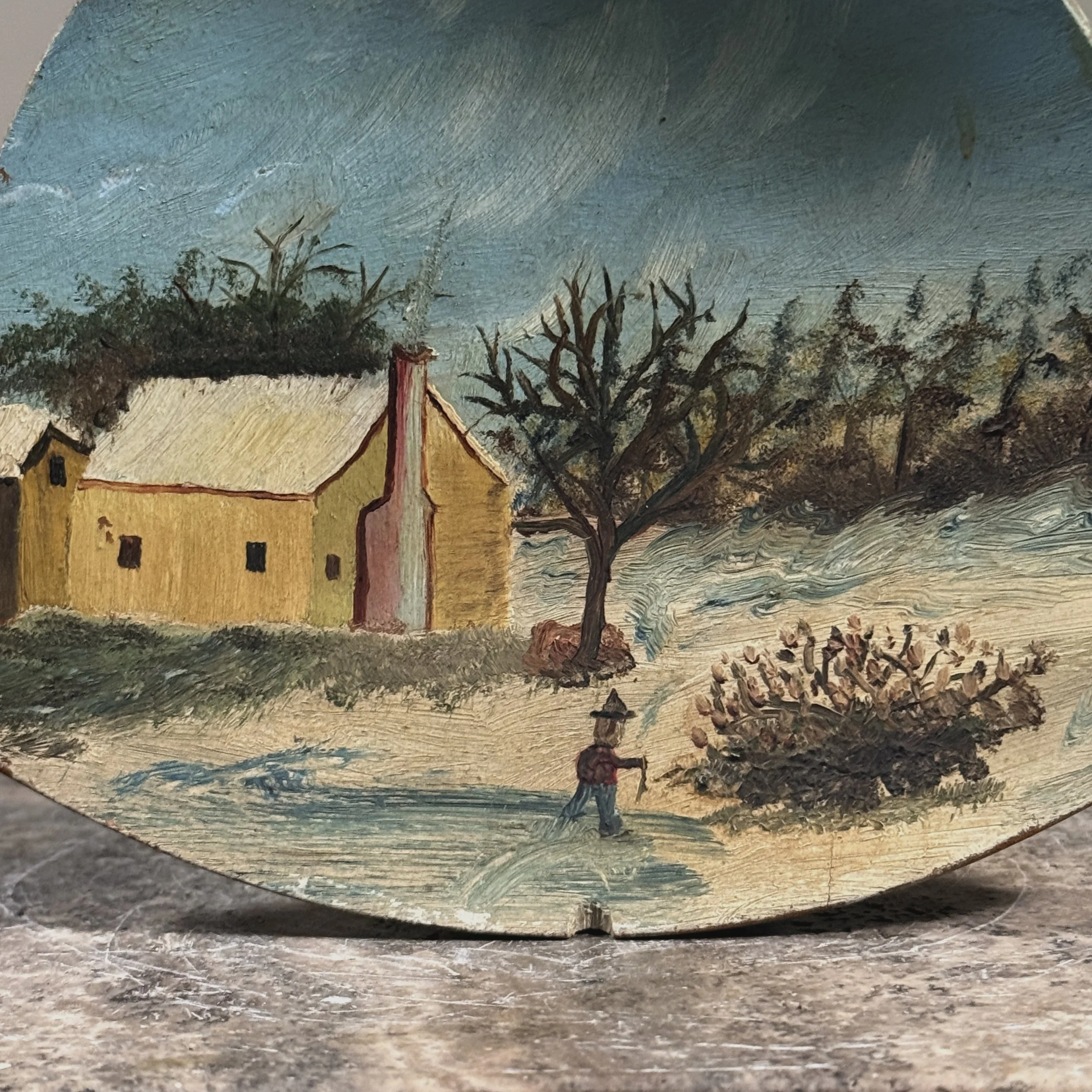 Vintage folk art painted wooden scoop with handle, figure and landscape scene