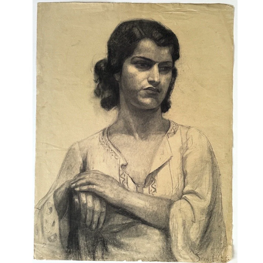 Antique Italian Realist charcoal portrait of a woman
