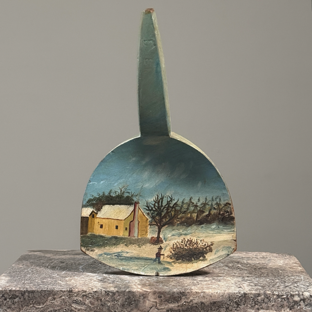 Vintage folk art painted wooden scoop with handle, figure and landscape scene