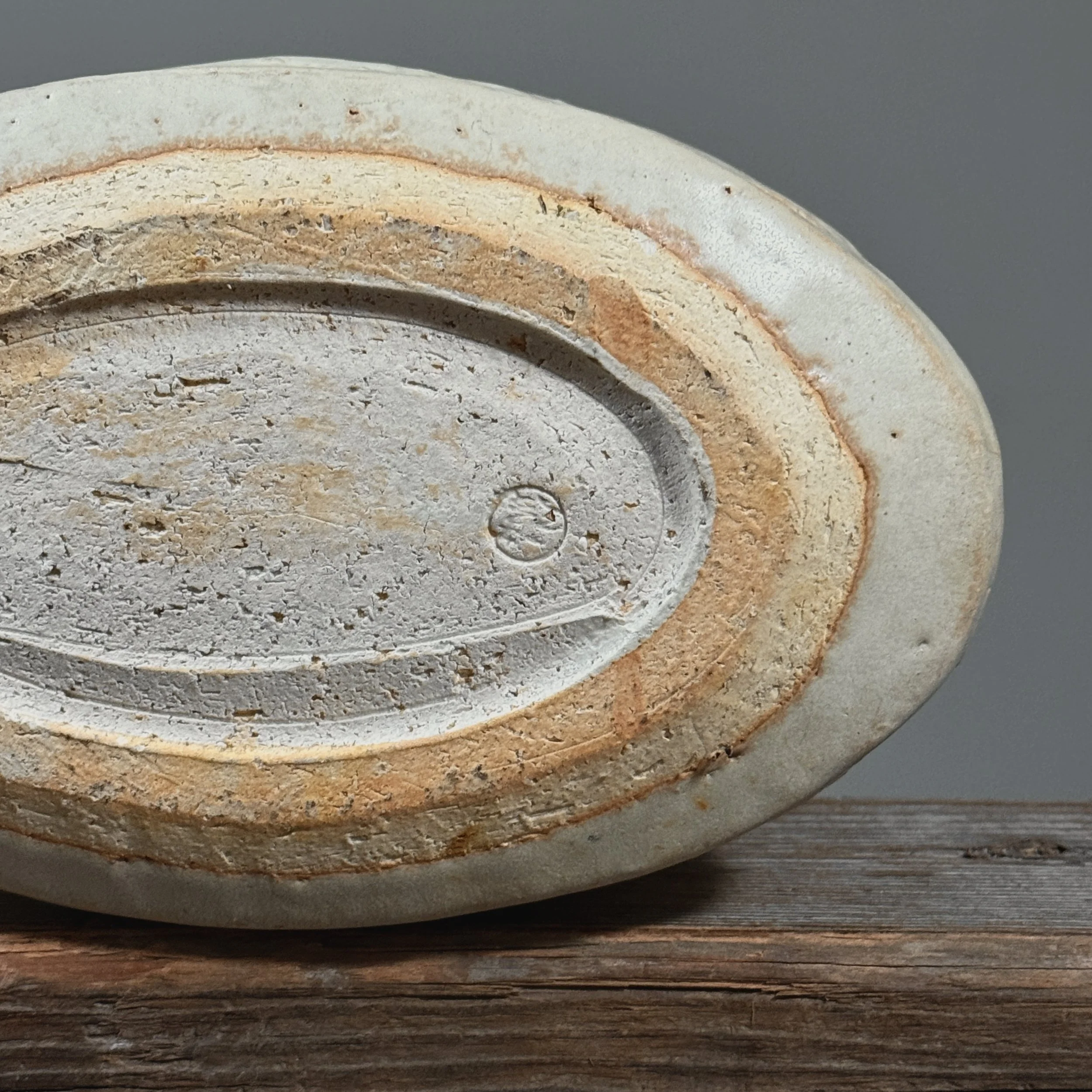 Vintage Modernist Japanese oval Shino glazed stoneware vase, signed