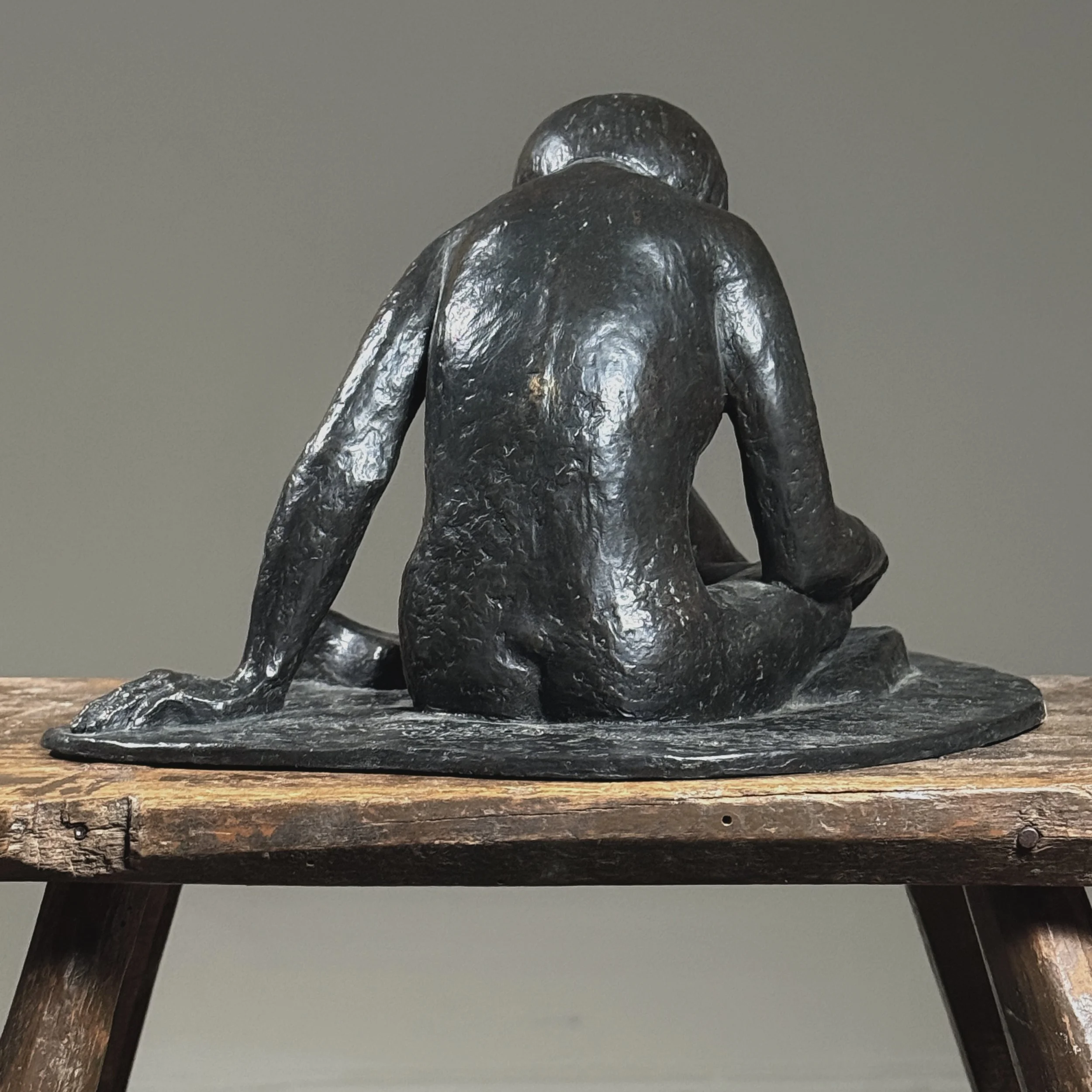 Vintage Expressionist bronze sculpture by Alma Helbig Hobson. Seated nude woman. 1993.