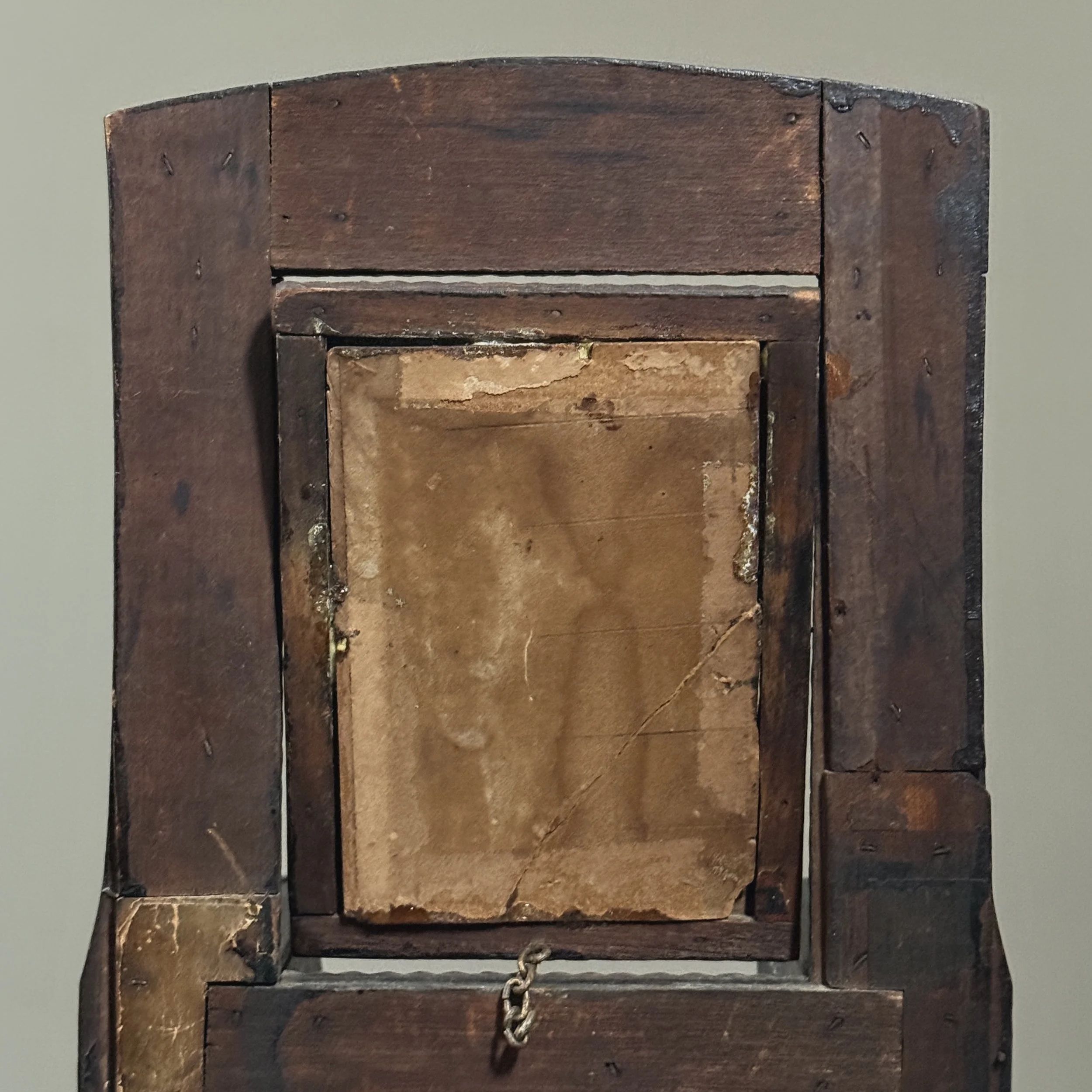 Antique tramp art tabletop dresser, back detail.