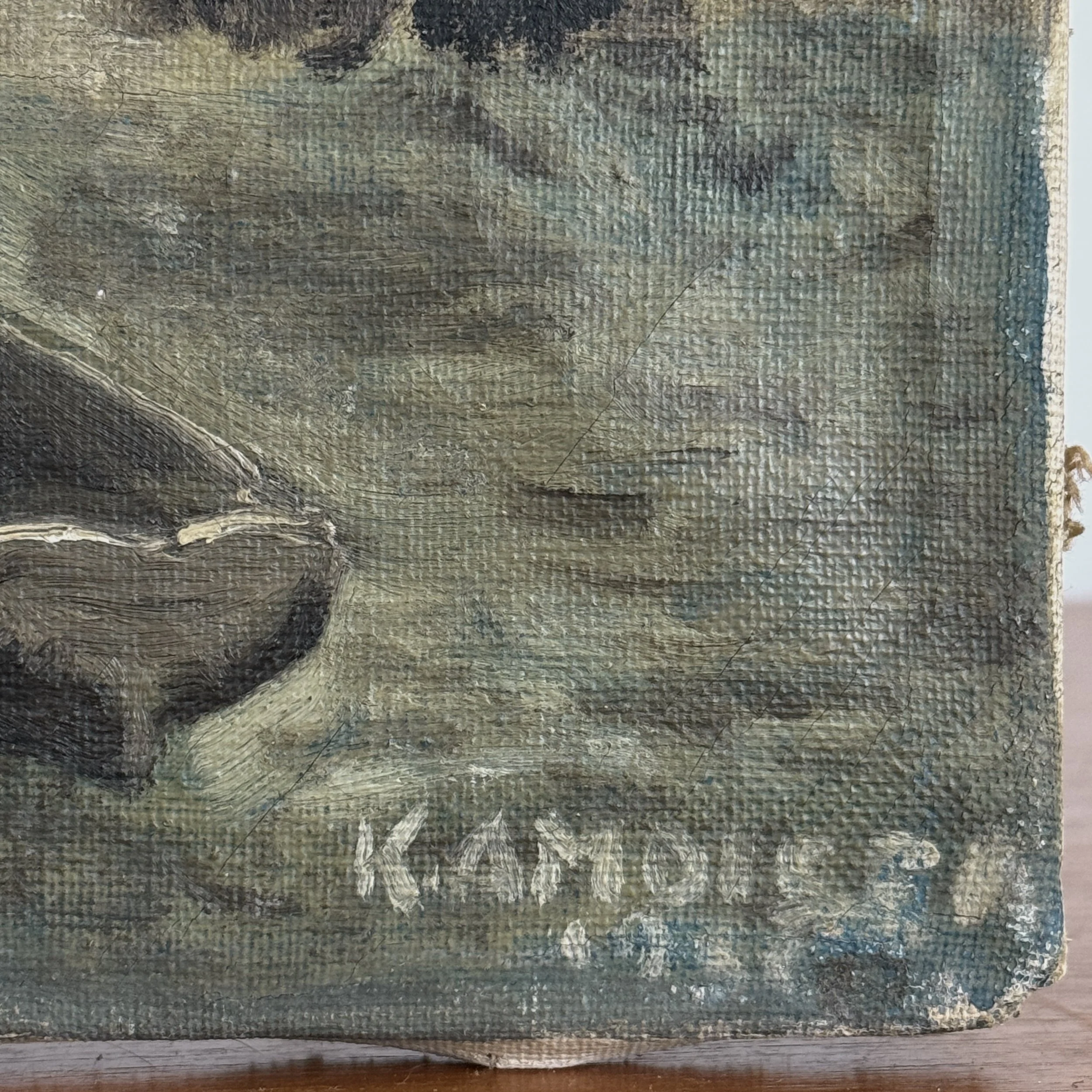 Close-up of illegible signature lower right on antique Danish Folk Art seascape, oil on canvas