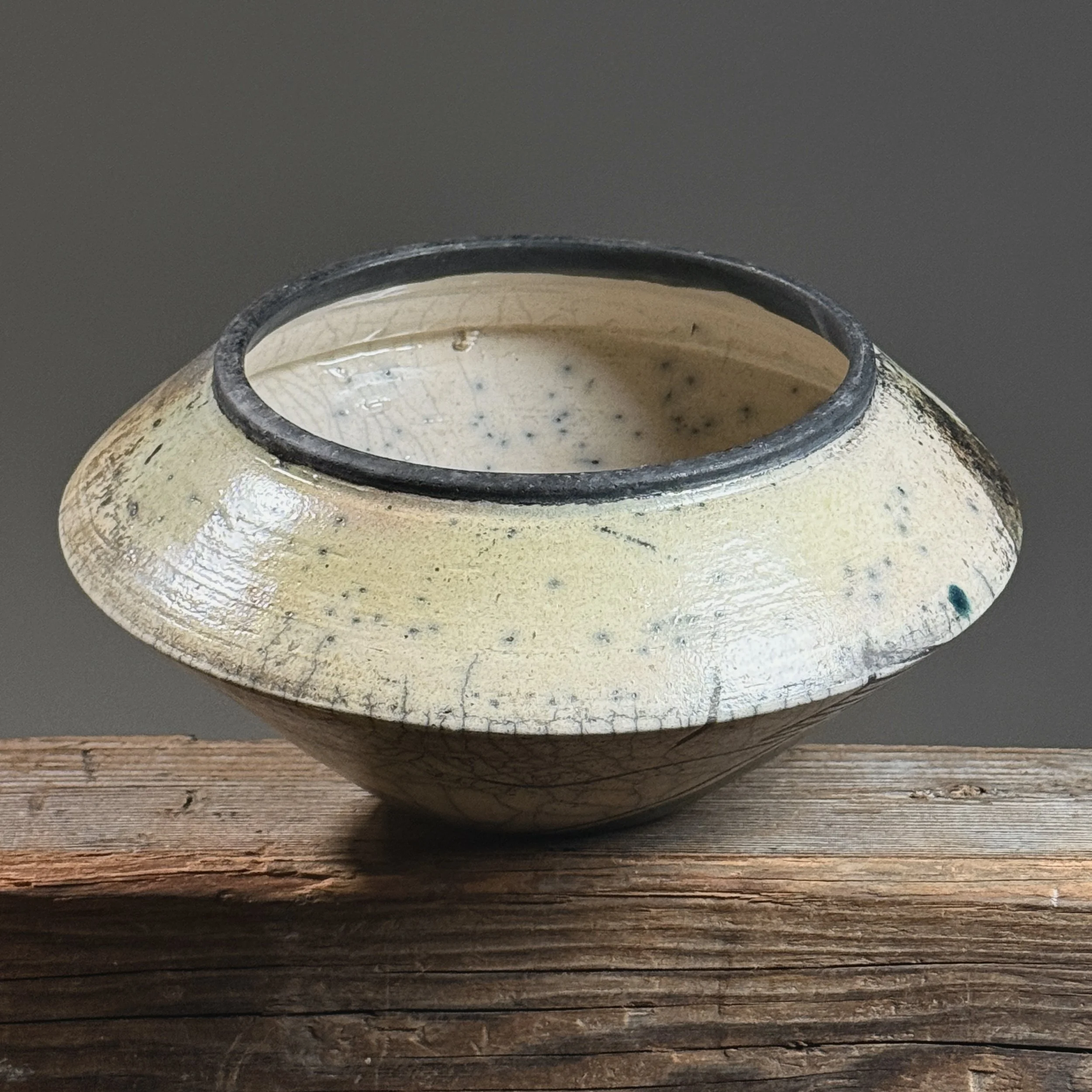 Vintage Japanese Raku fired crackle glazed vessel. 9.5 inches diameter by 4.5 inches height.