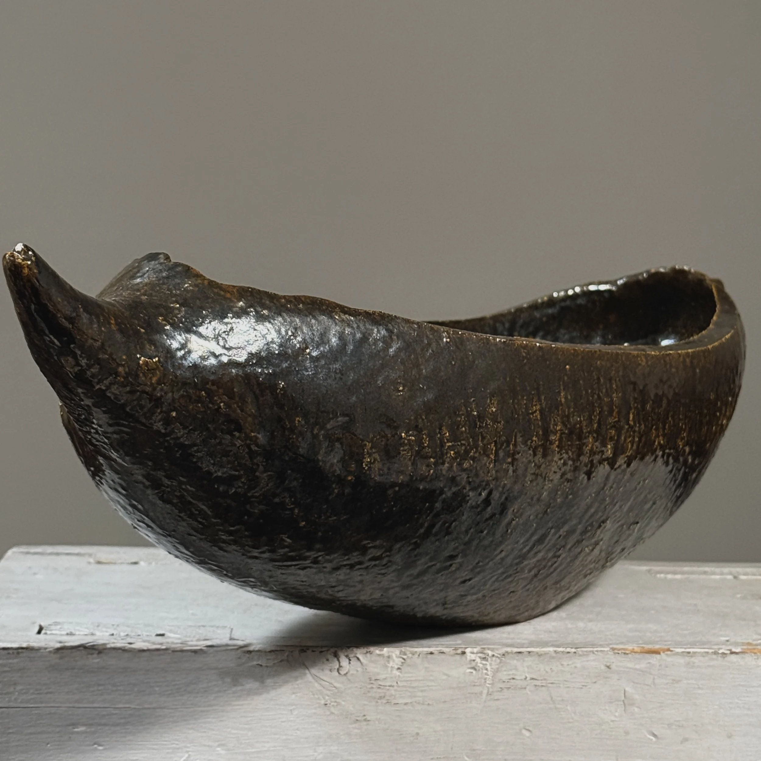 Large vintage Japanese Brutalist abstract wood fired stoneware vessel, signed
