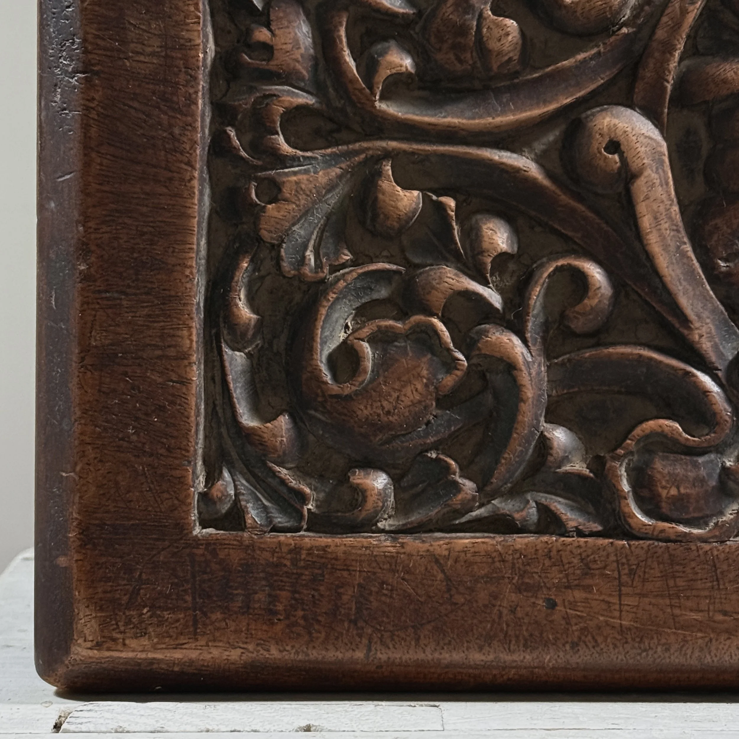 Antique hand-carved Gothic English step stool with scrolled lion and Green Man carvings
