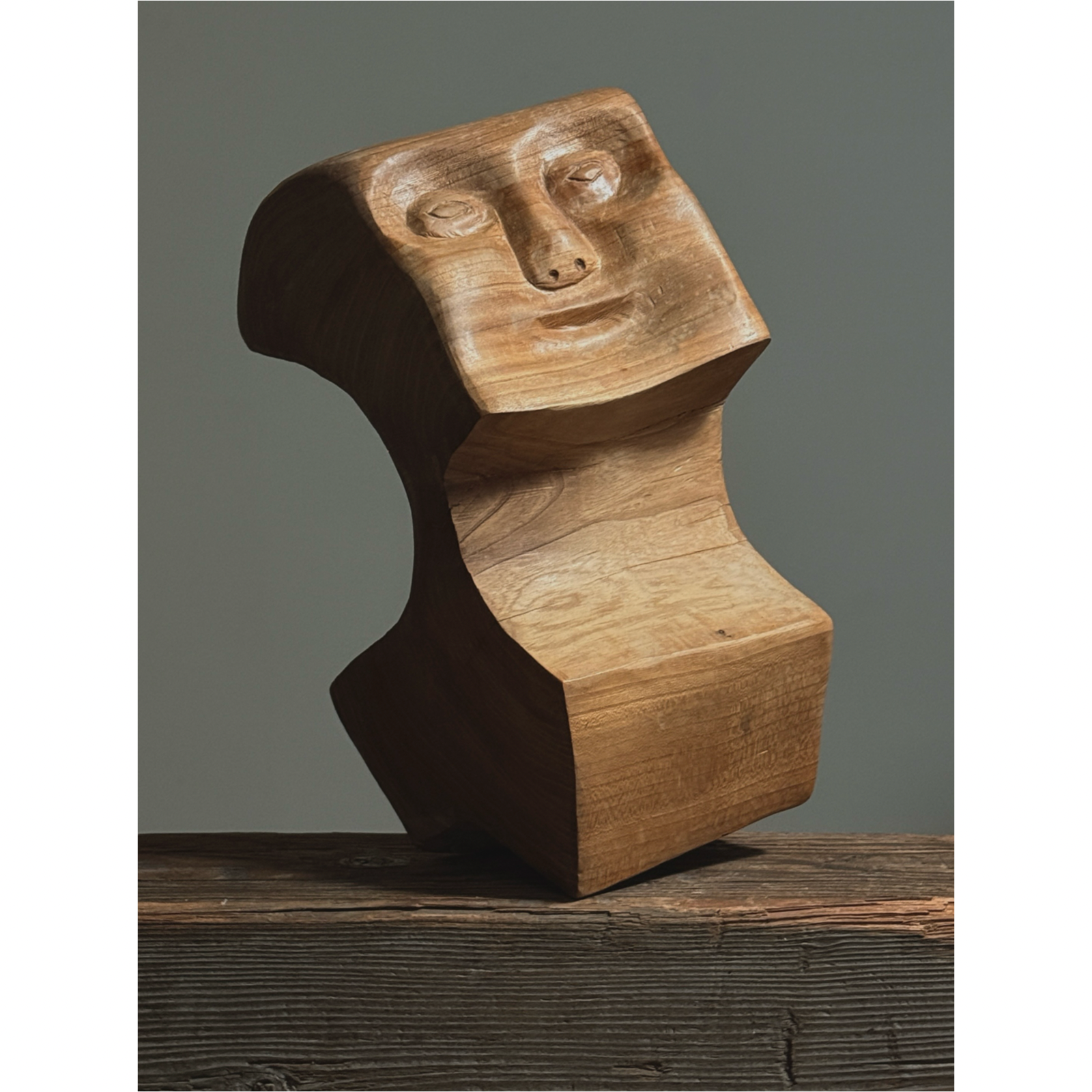 Full front view of vintage hand carved Danish cubist style portrait sculpture, geometric faceted wood form, unsigned, 13.25 inches tall