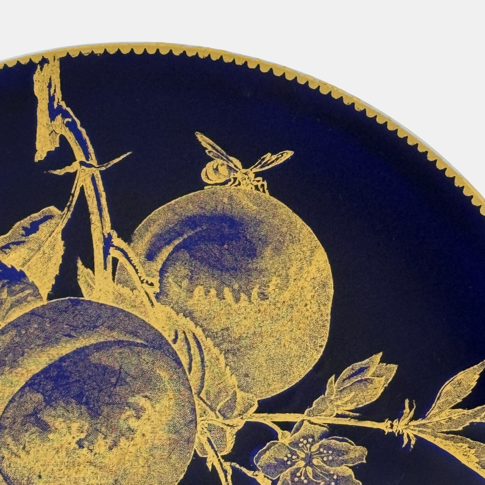 Pair of Brownfield English porcelain Aesthetic period plates, cobalt and gold, chestnut and peach motifs