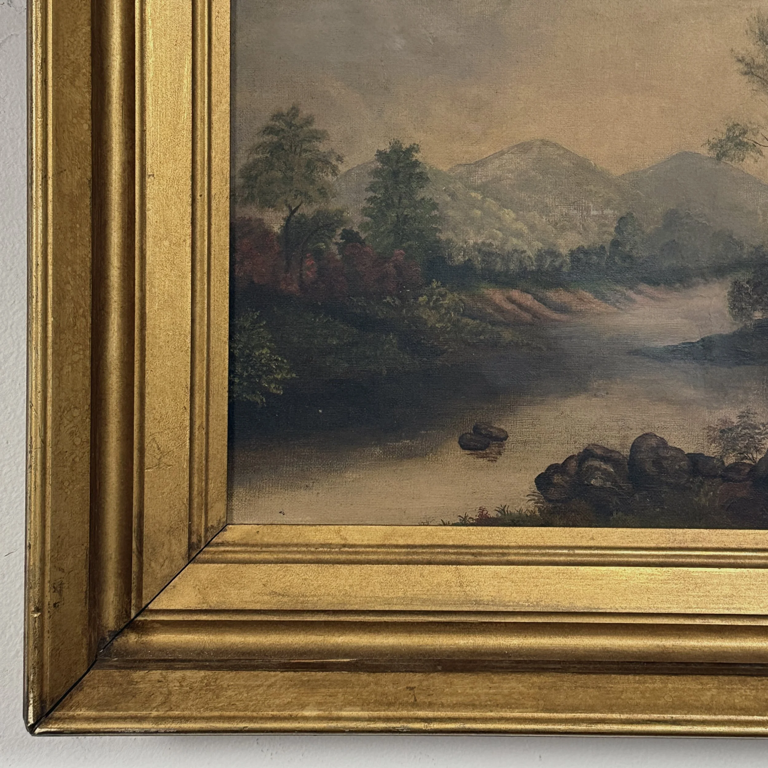 Detail of the painting's foreground showing rocks, water, and brushwork.