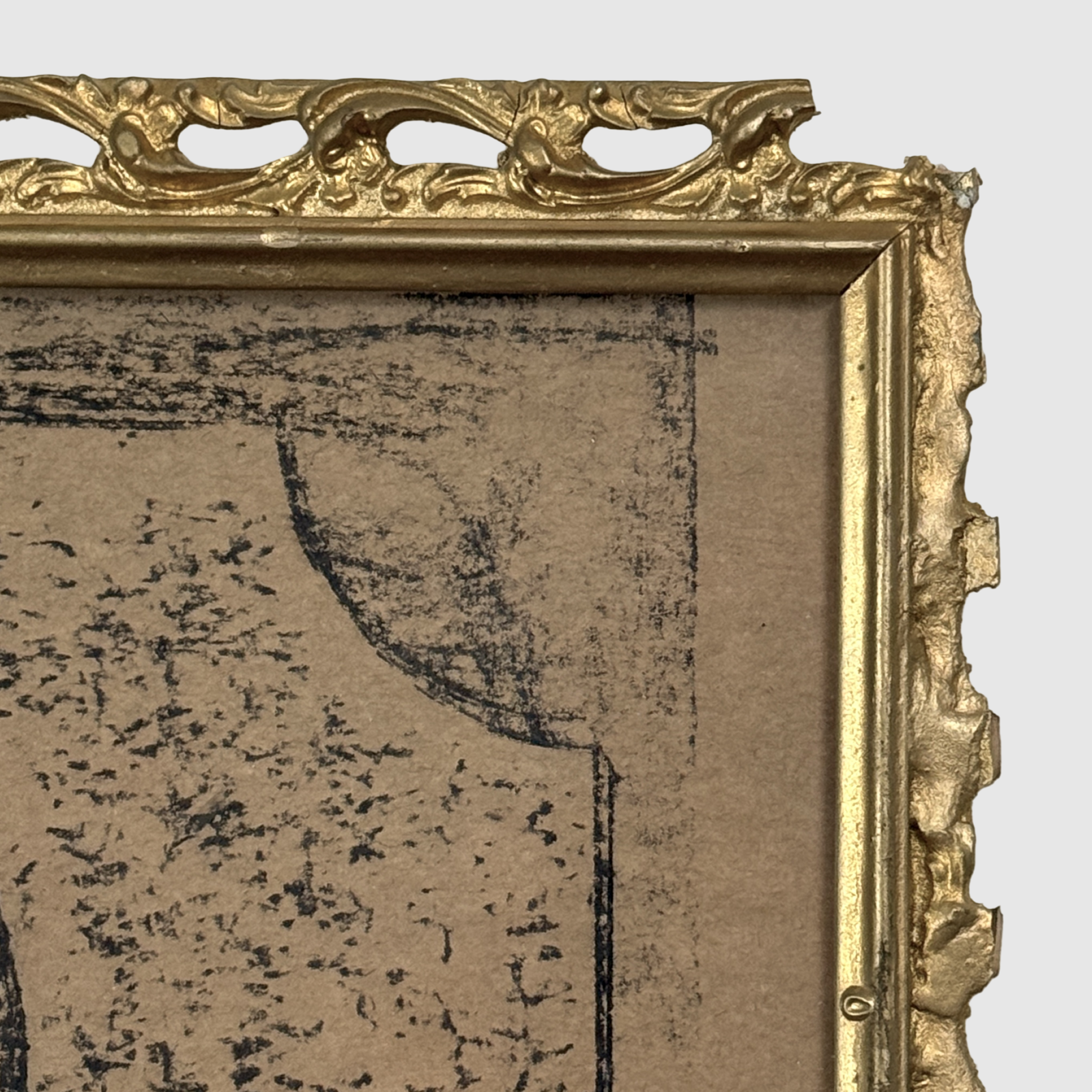 Gilt frame with cut-out scroll design, grave rubbing, weeping willow