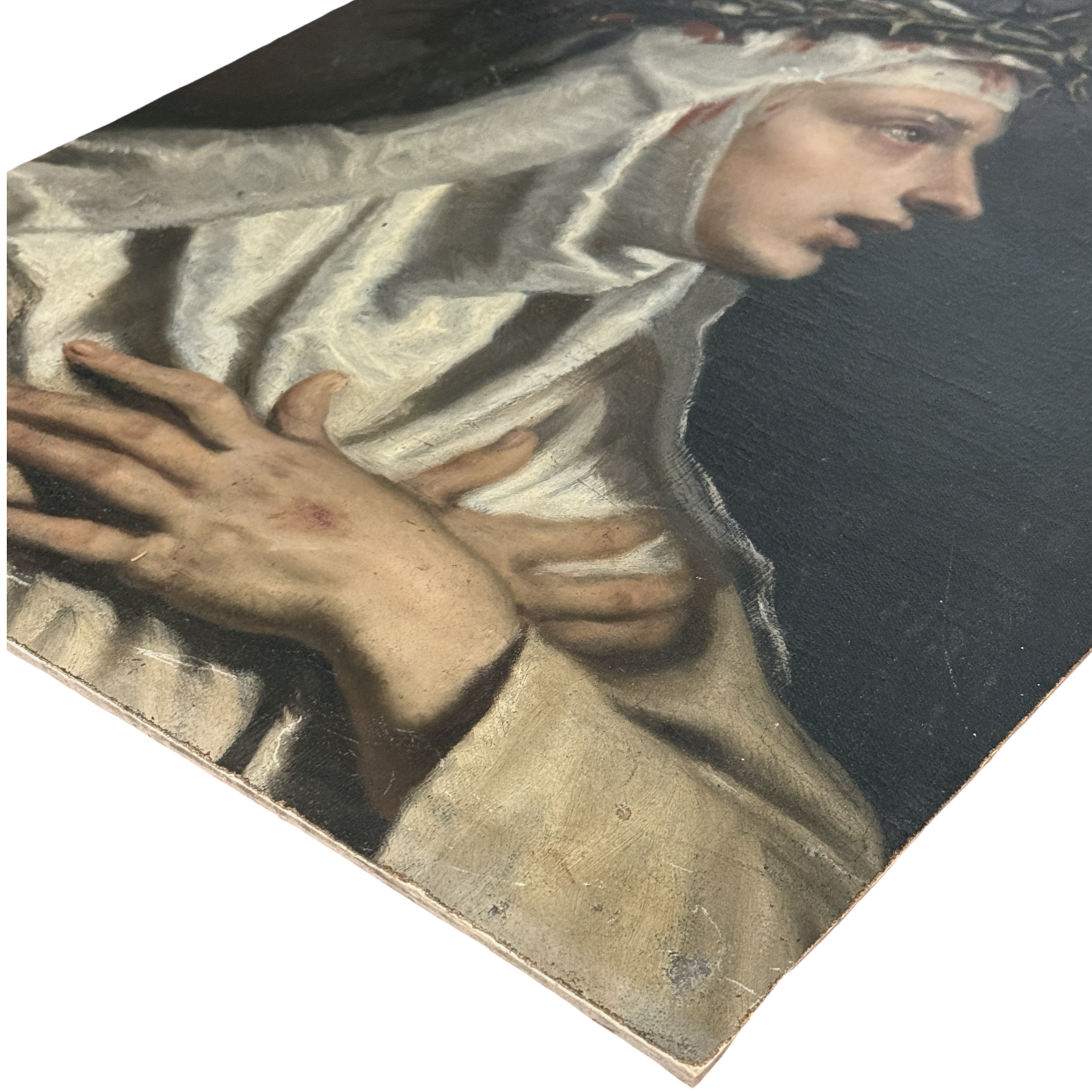 Three-quarter view of antique Academic Realist portrait of Saint Catherine of Siena showing overall composition and condition