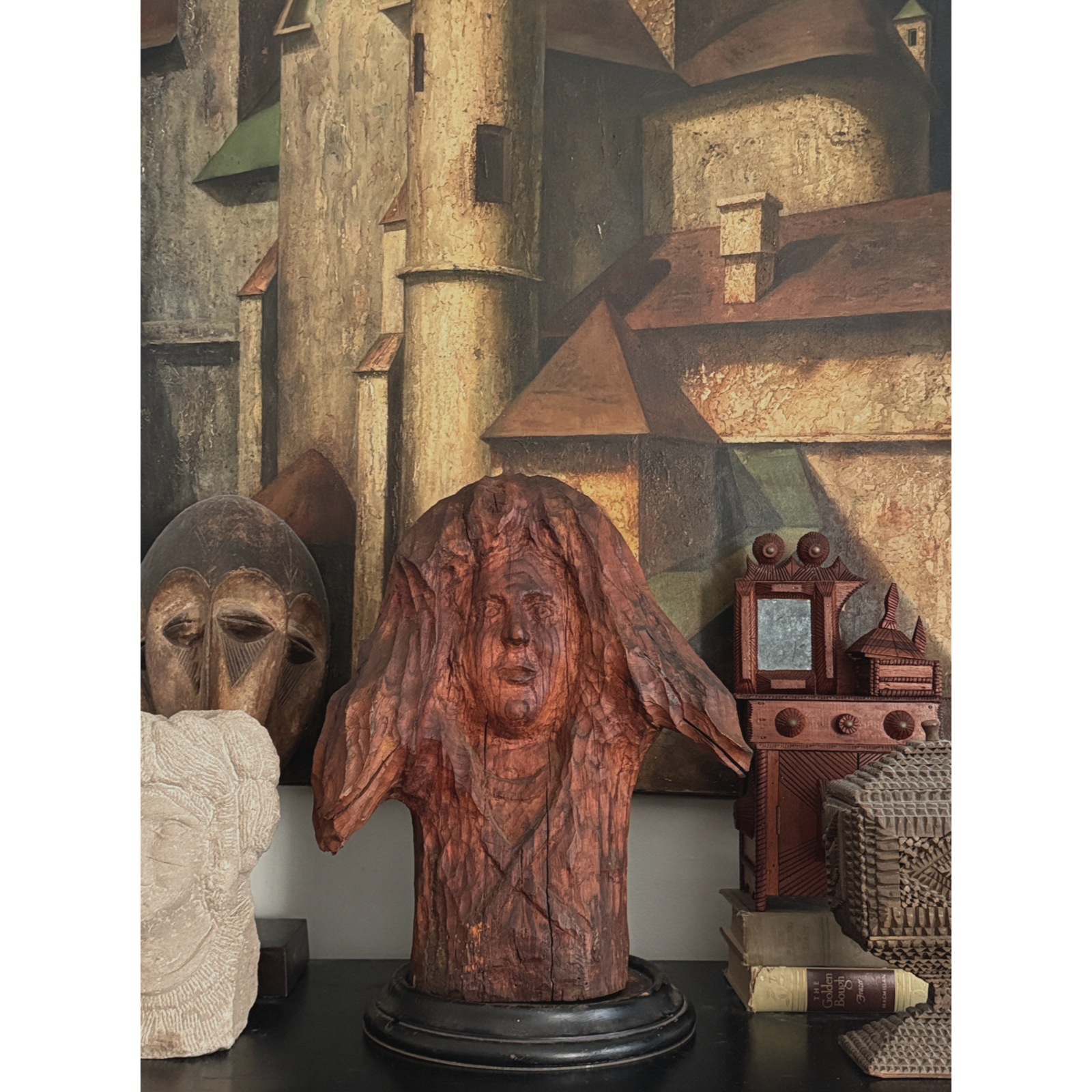 Vignette with Vintage Outsider Art hand carved portrait in wood stump