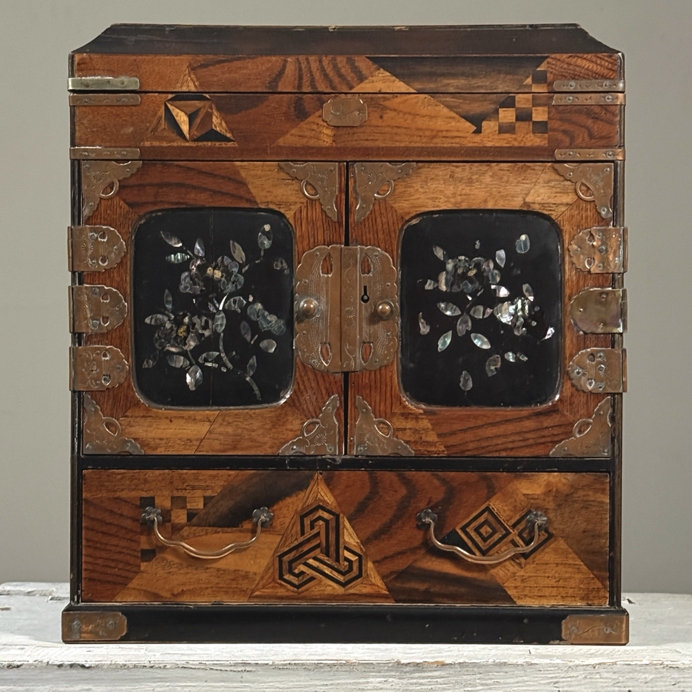 Antique Japanese Meiji period kodansu cabinet, yosegi parquetry and mother-of-pearl inlay