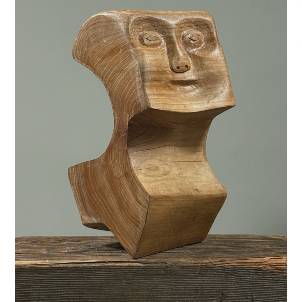 Full front view of vintage hand carved Danish cubist style portrait sculpture, geometric faceted wood form, unsigned, 13.25 inches tall