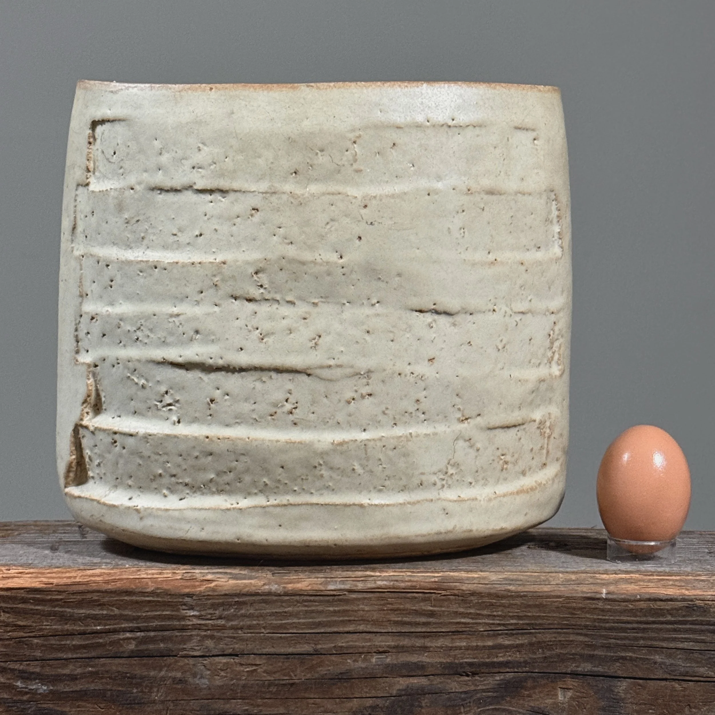 Vintage Modernist Japanese oval Shino glazed stoneware vase, signed