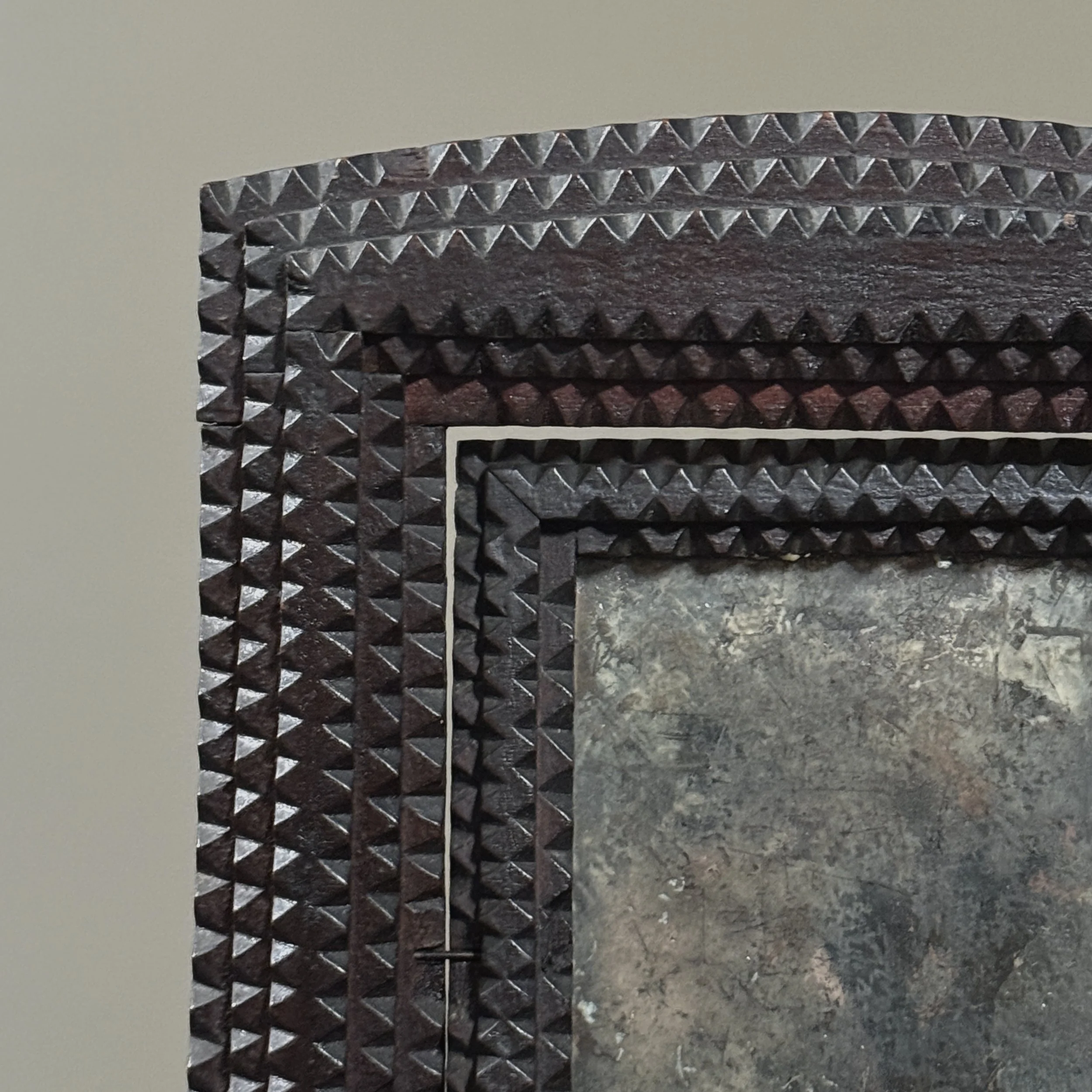 Tramp art tabletop dresser floating mirror detail