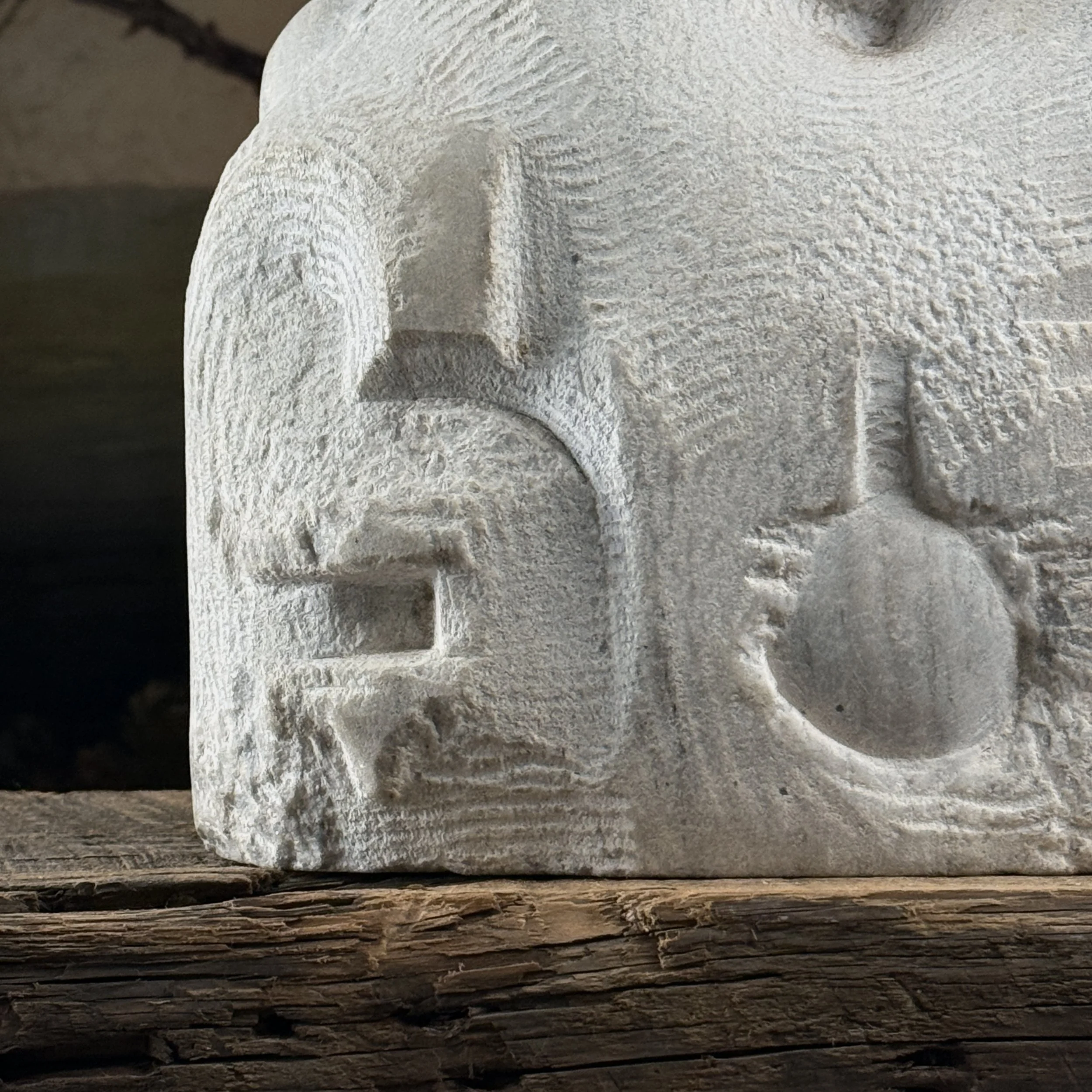 Etched and line detail, abstract marble sculpture, anthropomorphic